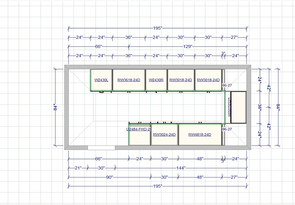 2020 Flex walk-in closet floor plan showing facing cabinet runs along two walls, a center aisle, and a dimensioned cabinet schedule across the 195-inch room.
