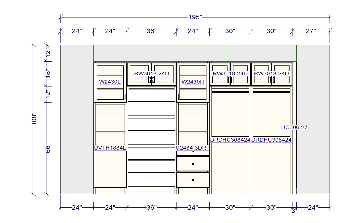 2020 Flex walk-in closet elevation drawing of the opposite wall, with dimensioned upper cabinets, open shelving towers, and tall wardrobe units.