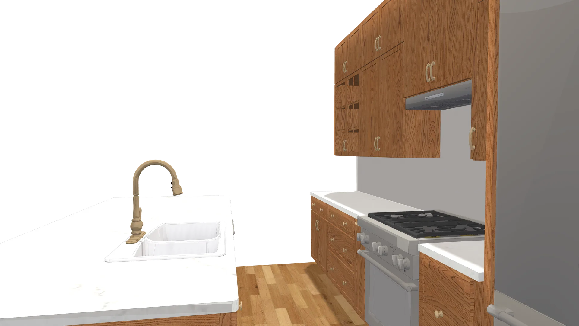 Live 3D LiveSpace walkthrough of a 2020 Flex kitchen with island, gas range, brass faucet and herringbone floor