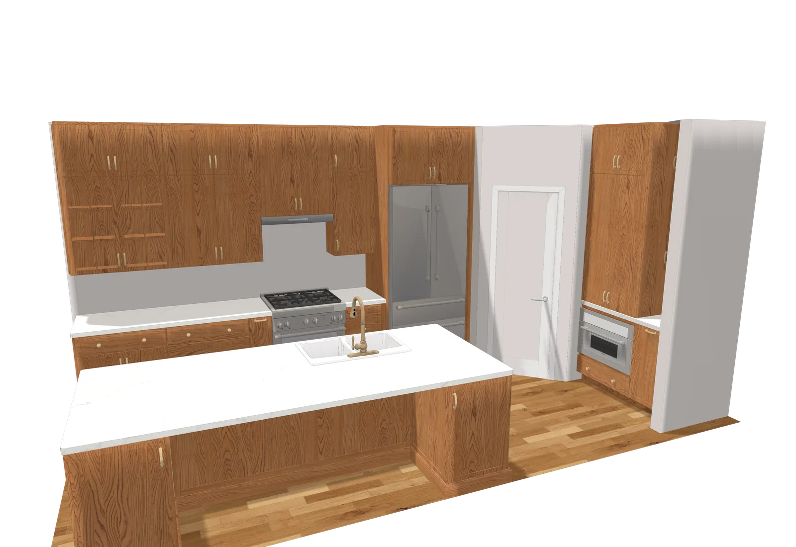 Interactive LiveSpace 3D walkthrough of a 2020 Flex kitchen with island, gas range and herringbone floor