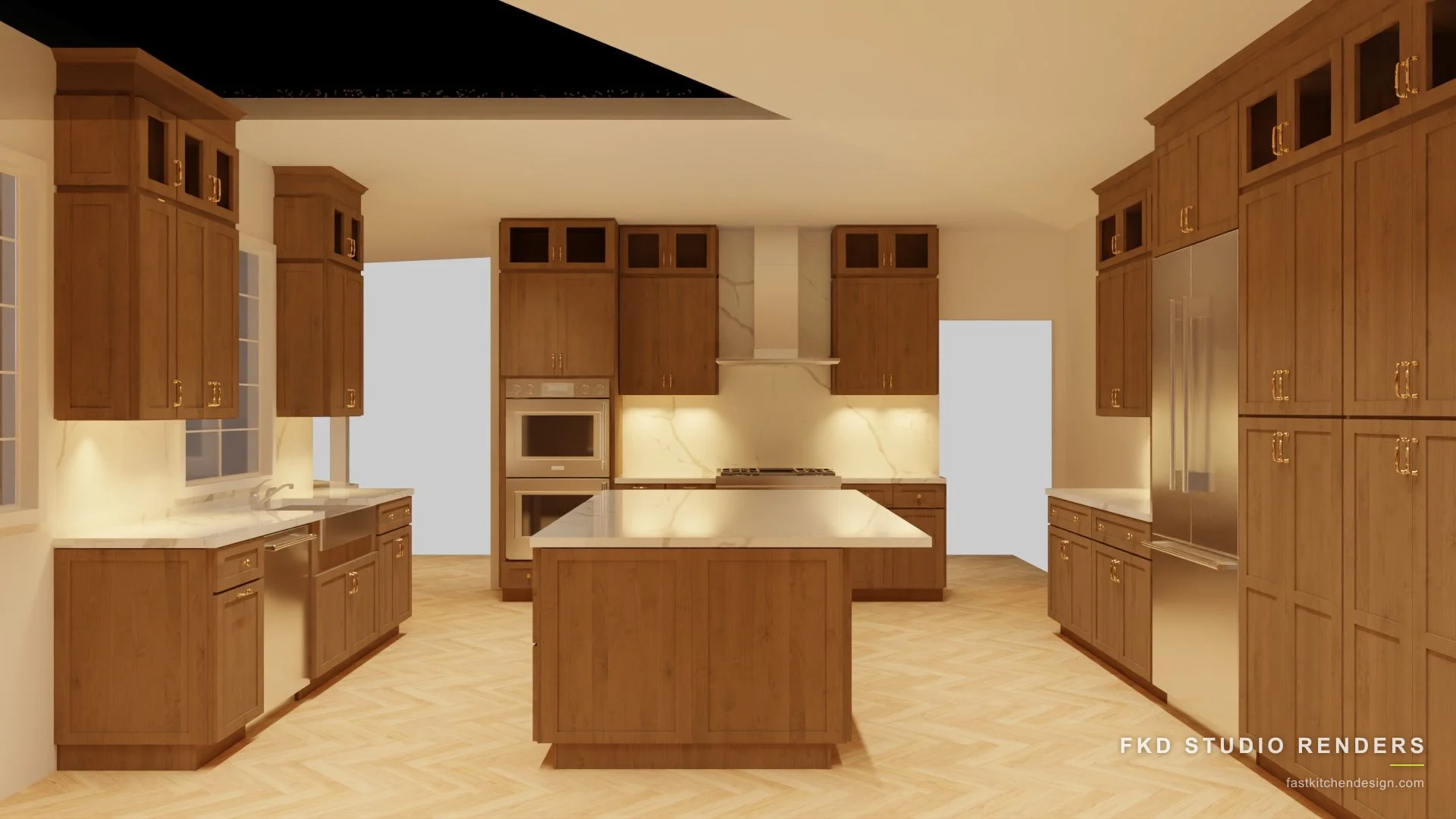 2020 Flex kitchen design with warm wood shaker cabinets, a marble island, and brass hardware, designed in 2020 Flex by Fast Kitchen Design.