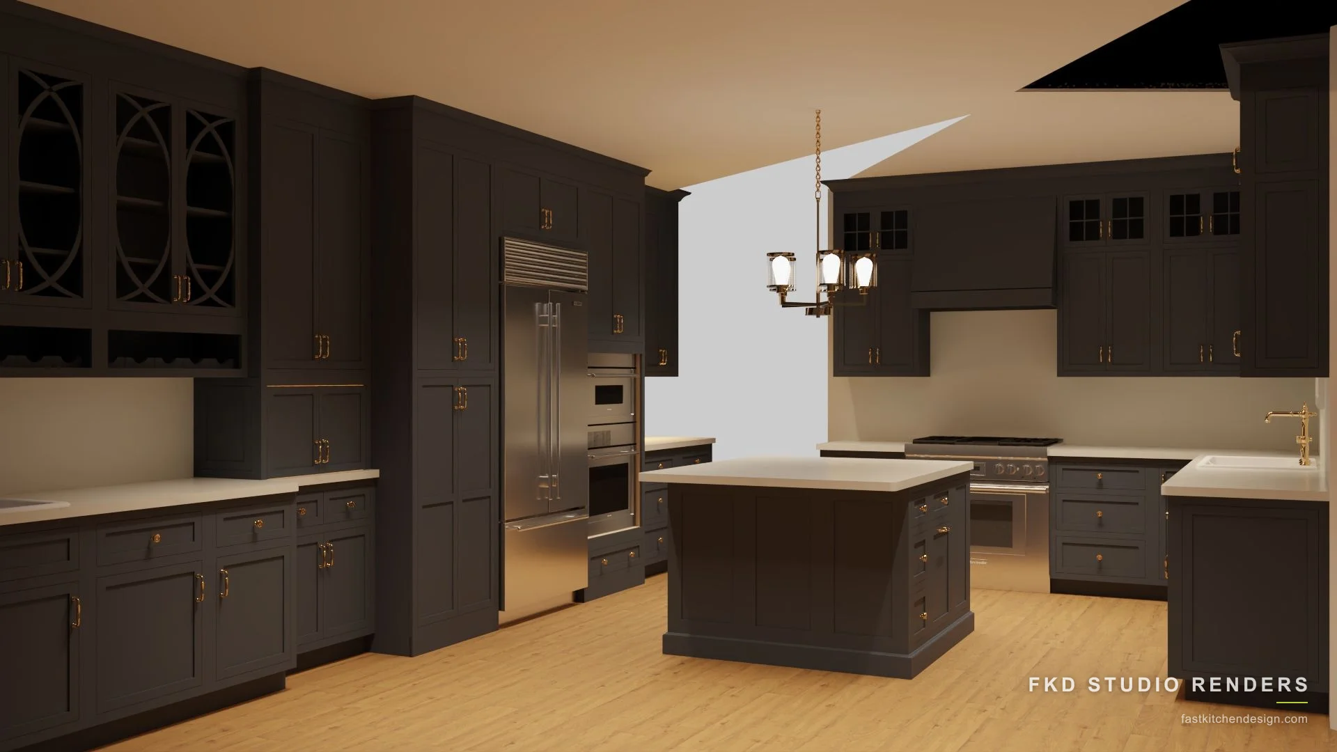 2020 Flex kitchen design with charcoal shaker cabinets, brass hardware, and a quartz island, designed in 2020 Flex by Fast Kitchen Design.