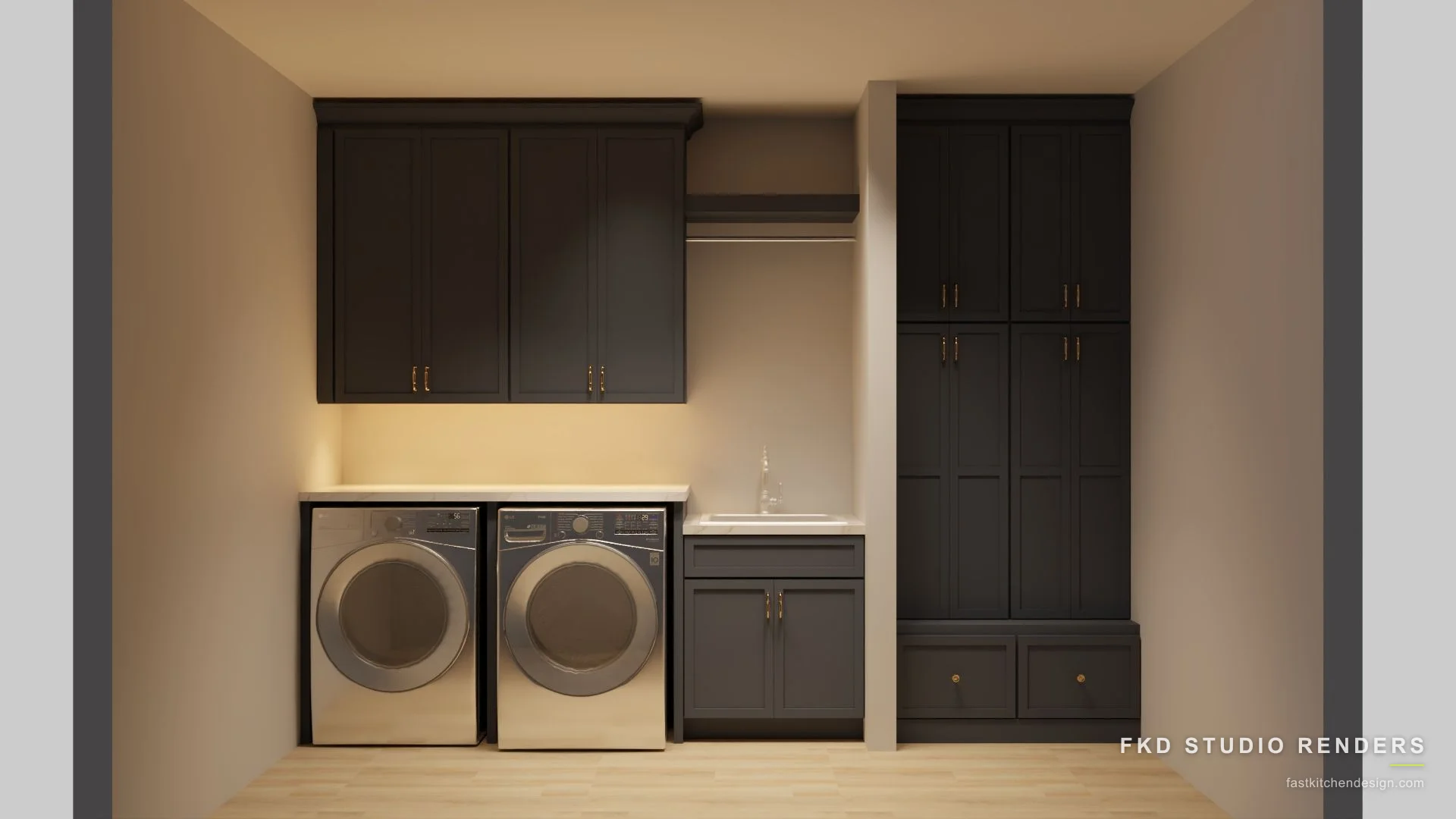 2020 Flex laundry room design with charcoal shaker cabinets, brass hardware, a quartz sink base, and storage lockers, designed in 2020 Flex by Fast Kitchen Design.