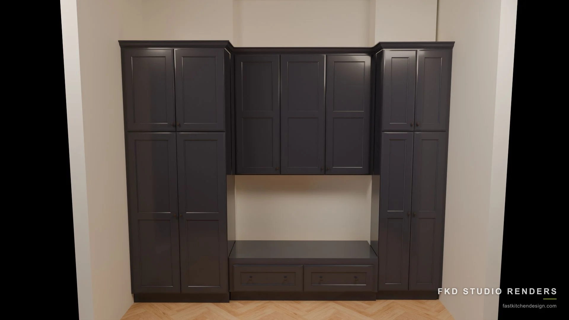 2020 Flex mudroom design with charcoal shaker cabinets, tall storage towers, and a drawer bench, designed in 2020 Flex by Fast Kitchen Design.