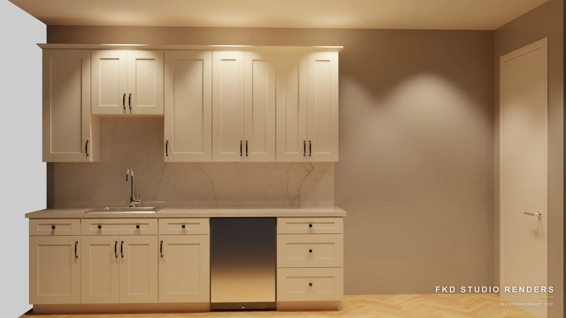 2020 Flex bar design with cream shaker cabinets, a marble slab backsplash, and a stainless bar fridge, designed in 2020 Flex by Fast Kitchen Design.