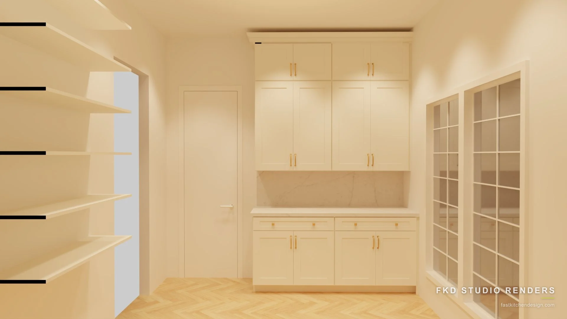 2020 Flex butler pantry design with cream shaker cabinets, brass bar pulls, and a marble backsplash, designed in 2020 Flex by Fast Kitchen Design.