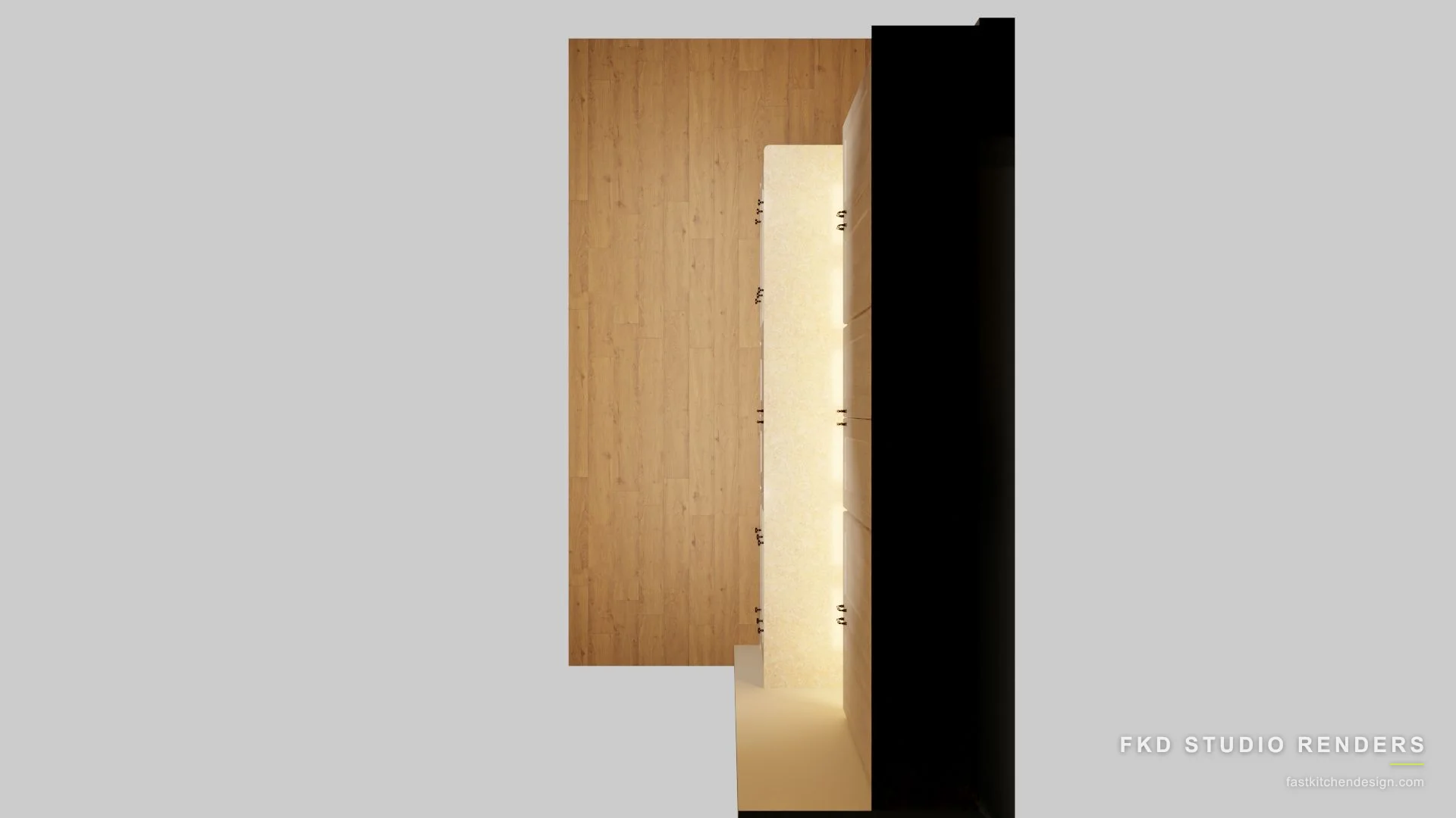 2020 Flex coffee bar floor plan showing a cream shaker cabinet run with under-cabinet lighting on wood-plank flooring, designed in 2020 Flex by Fast Kitchen Design.