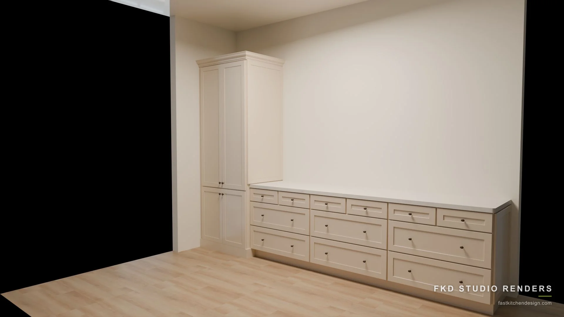 2020 Flex dining buffet design with cream shaker drawers, a tall pantry cabinet, and bronze cup pulls, designed in 2020 Flex by Fast Kitchen Design.