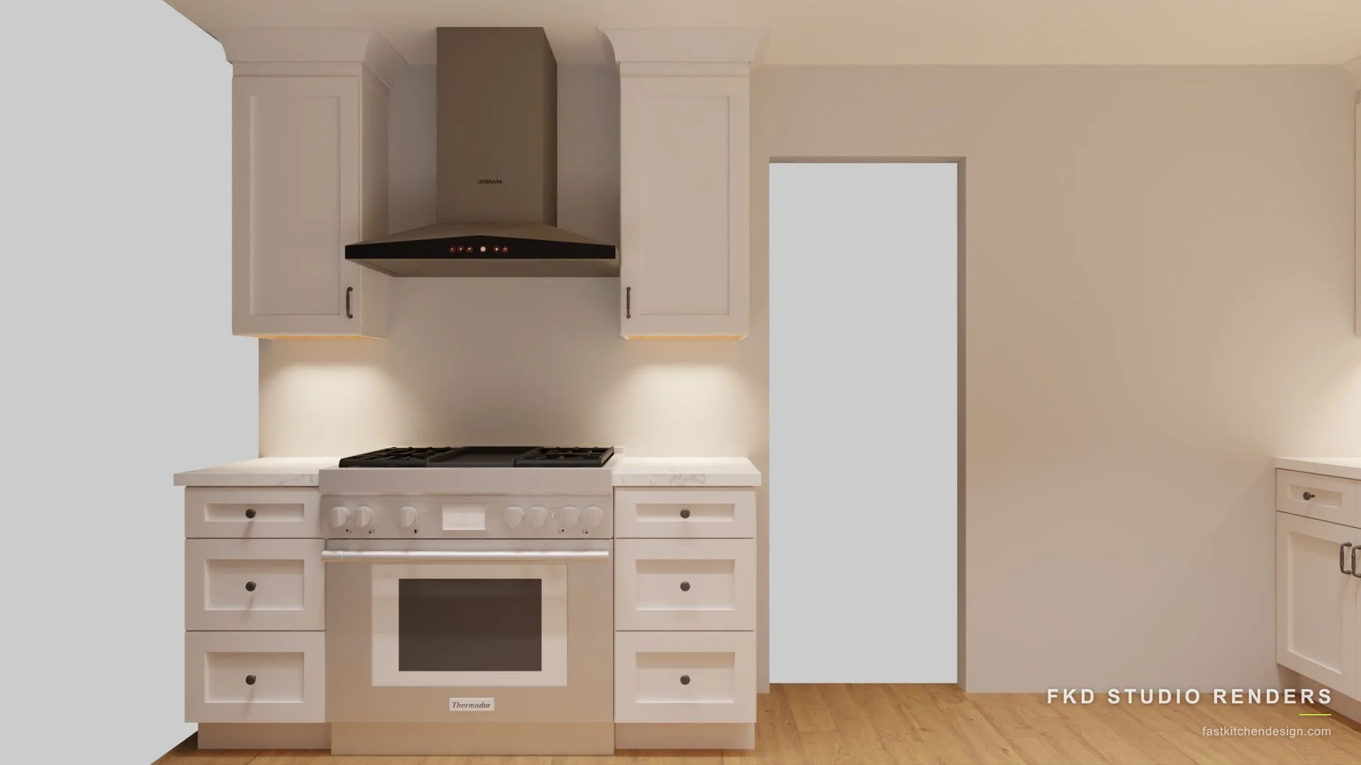 2020 Flex kitchen design with cream shaker cabinets, a stainless pro range under a chimney hood, and quartz counters, designed in 2020 Flex by Fast Kitchen Design.