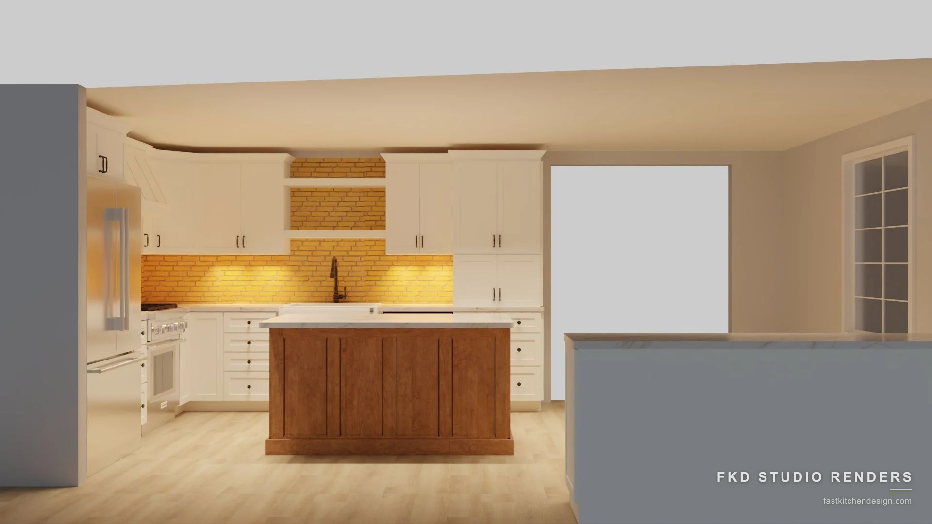 2020 Flex kitchen design with cream shaker cabinets, a cherry wood island, marble counters, and a brick backsplash, designed in 2020 Flex by Fast Kitchen Design.