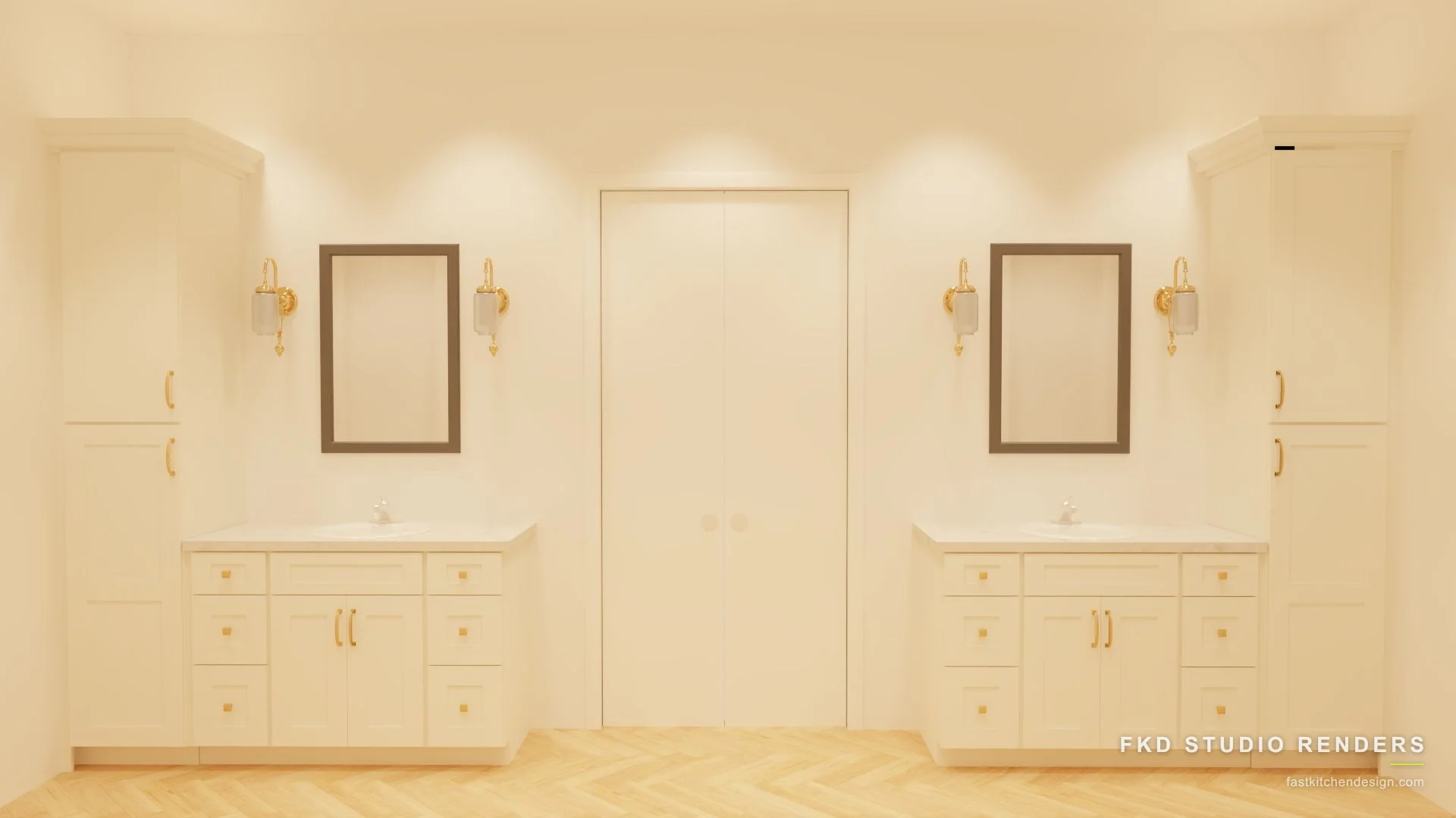 2020 Flex master bath design with twin cream shaker vanities, brass pulls, and marble tops, designed in 2020 Flex by Fast Kitchen Design.