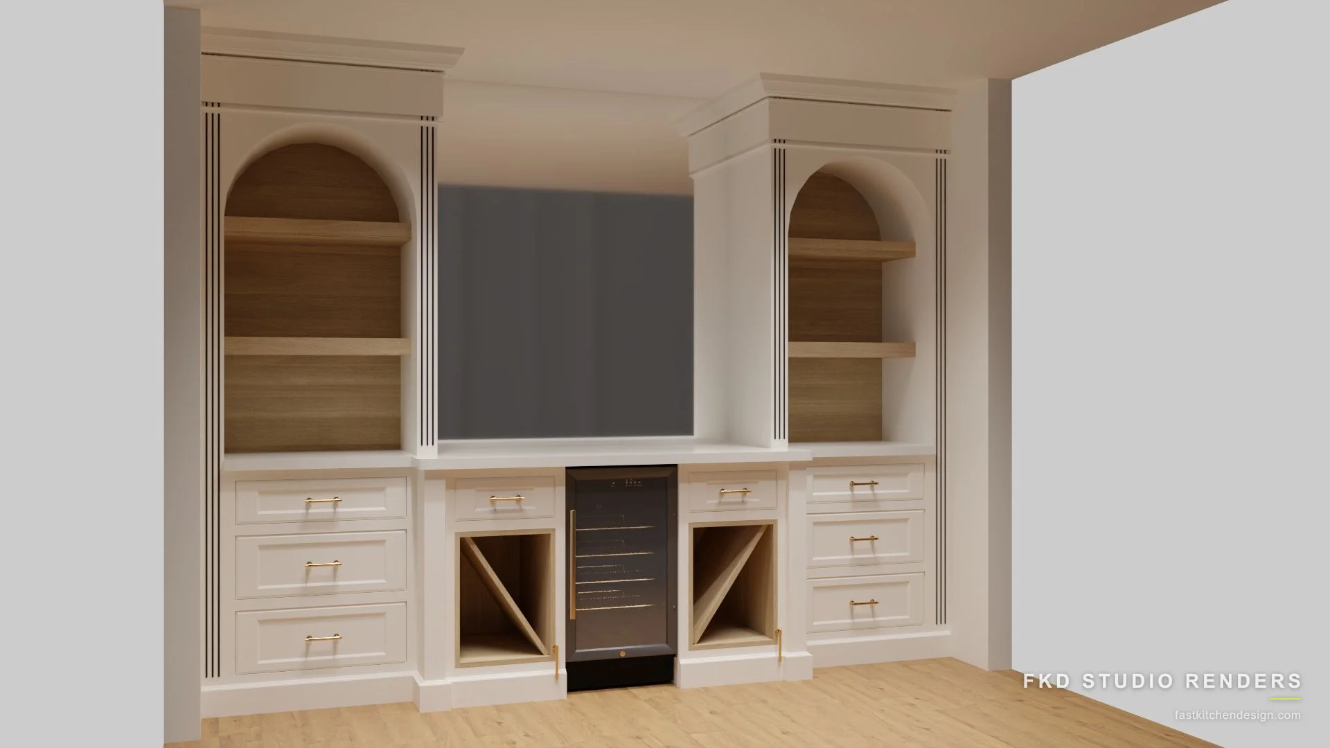 2020 Flex media wall design with cream shaker cabinets, twin arched oak niches, brass pulls, and a wine fridge, designed in 2020 Flex by Fast Kitchen Design.