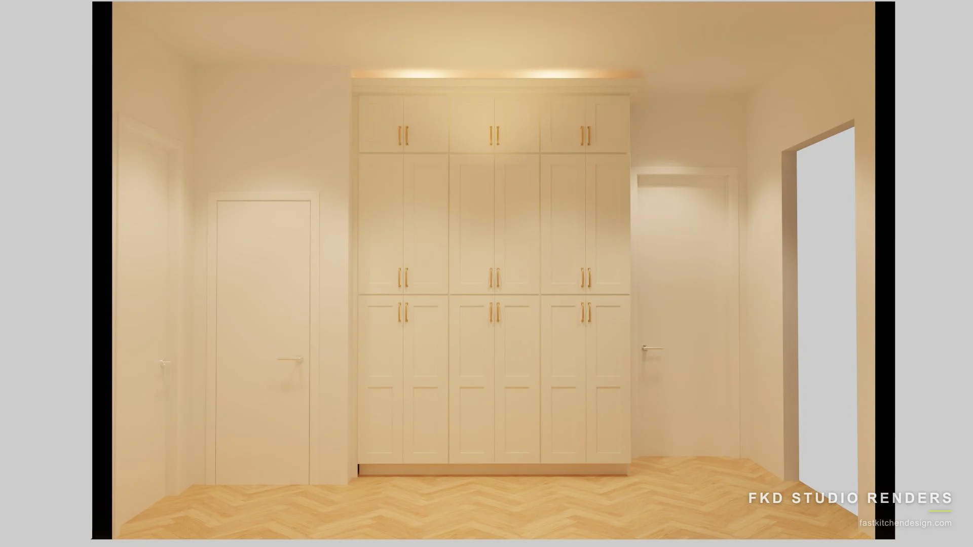2020 Flex mudroom design with floor-to-ceiling cream shaker lockers, brass bar pulls, and herringbone floor, designed in 2020 Flex by Fast Kitchen Design.