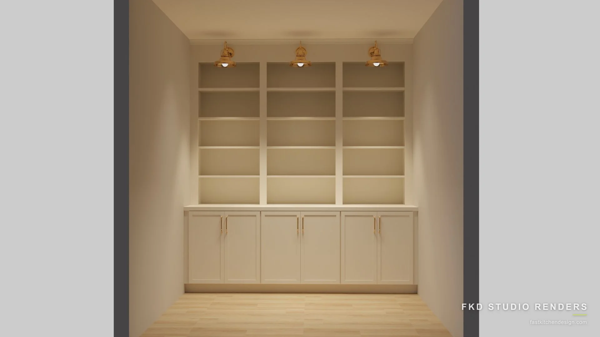 2020 Flex office design with cream shaker built-in cabinets, brass pulls, open bookshelves, and barn sconces, designed in 2020 Flex by Fast Kitchen Design.