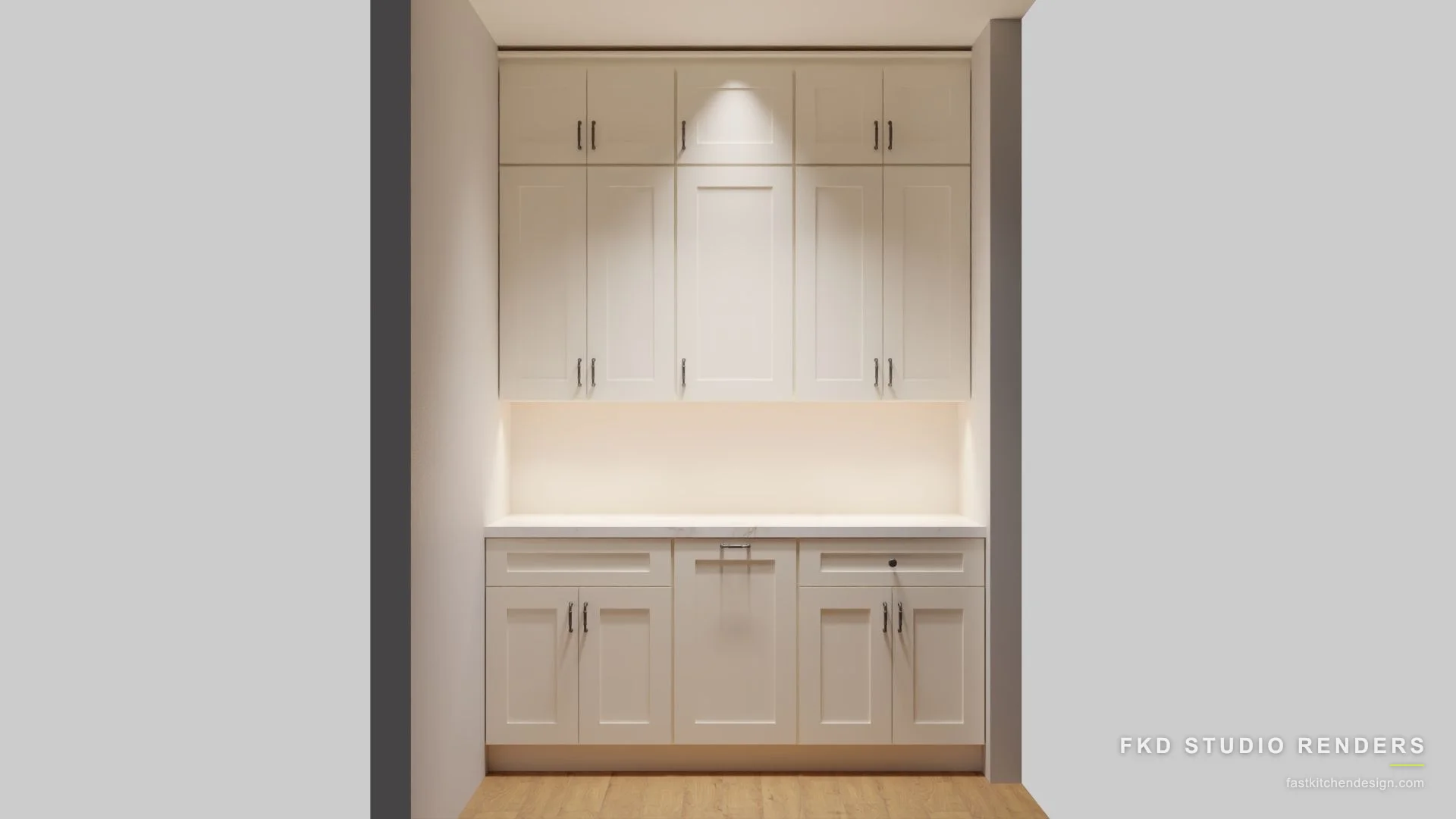 2020 Flex wet bar design with cream shaker cabinets, white marble counter, and bronze pulls, designed in 2020 Flex by Fast Kitchen Design.