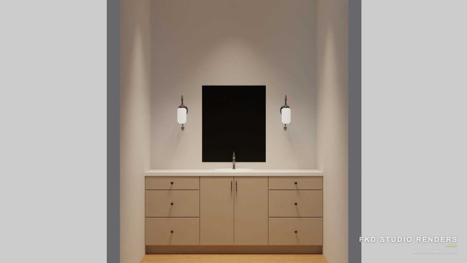 2020 Flex powder bath design with cream slab-front vanity, white quartz top, black mirror, and chrome sconces, designed in 2020 Flex by Fast Kitchen Design.