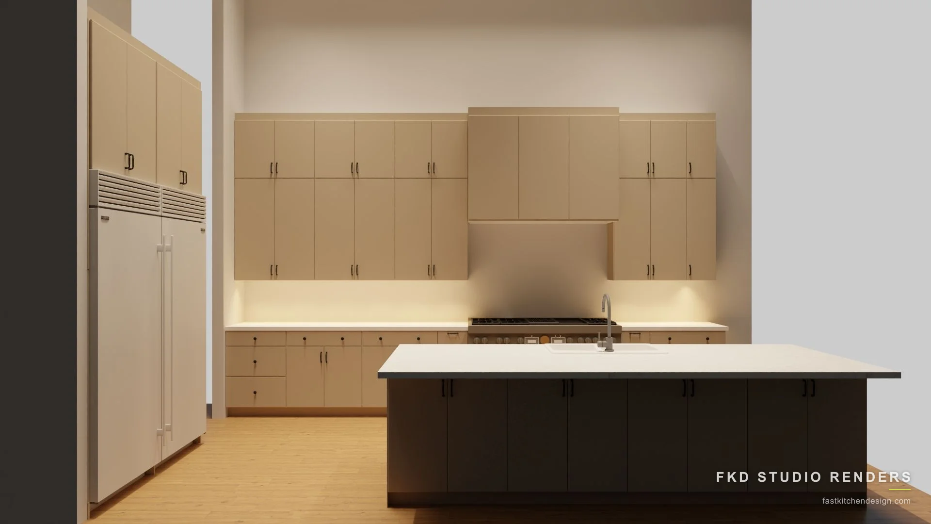 2020 Flex kitchen design with cream slab cabinets and a charcoal island topped in white quartz, designed in 2020 Flex by Fast Kitchen Design.