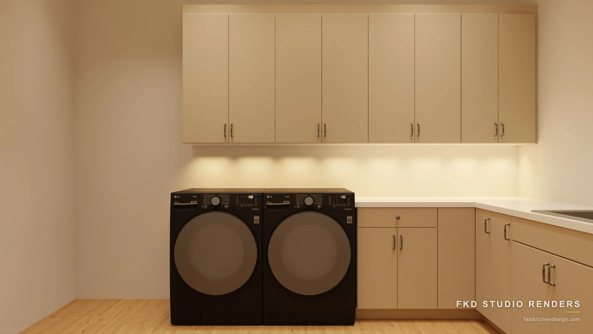 2020 Flex laundry room design with cream slab cabinets, white quartz counters, and black LG washer and dryer, designed in 2020 Flex by Fast Kitchen Design.
