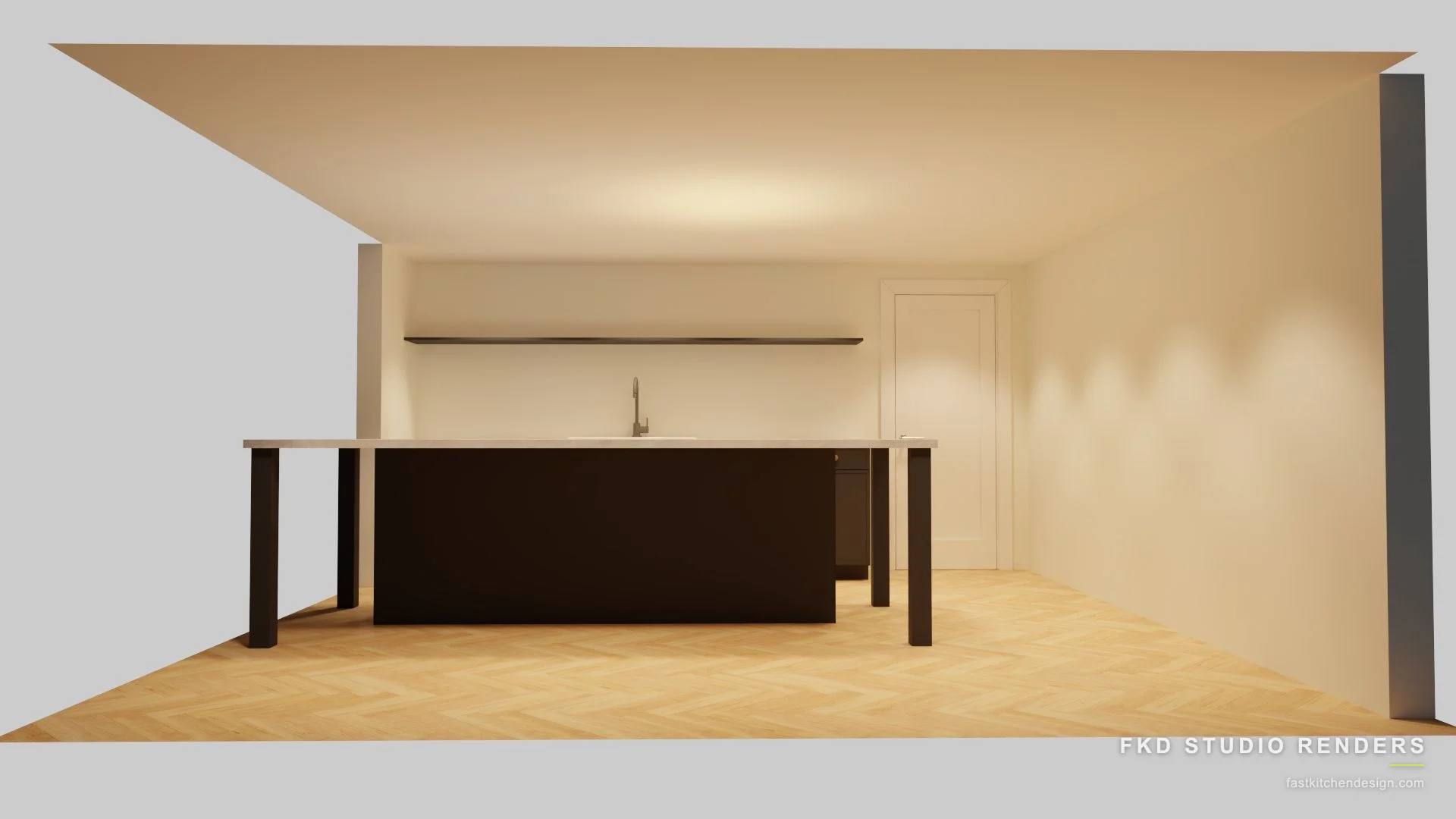 2020 Flex dry bar design with dark slab cabinets, a marble-look island table, and a floating shelf, designed in 2020 Flex by Fast Kitchen Design.