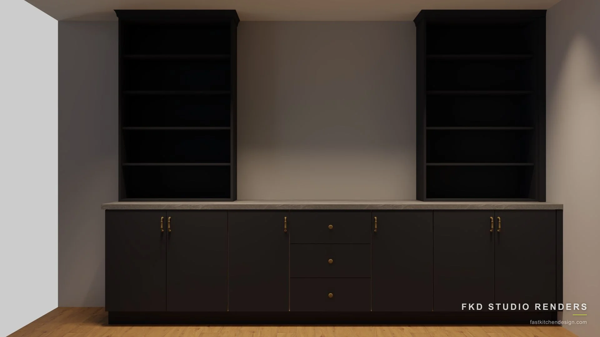 2020 Flex home office design with black slab credenza, brass pulls, and tall open bookcases, designed in 2020 Flex by Fast Kitchen Design.