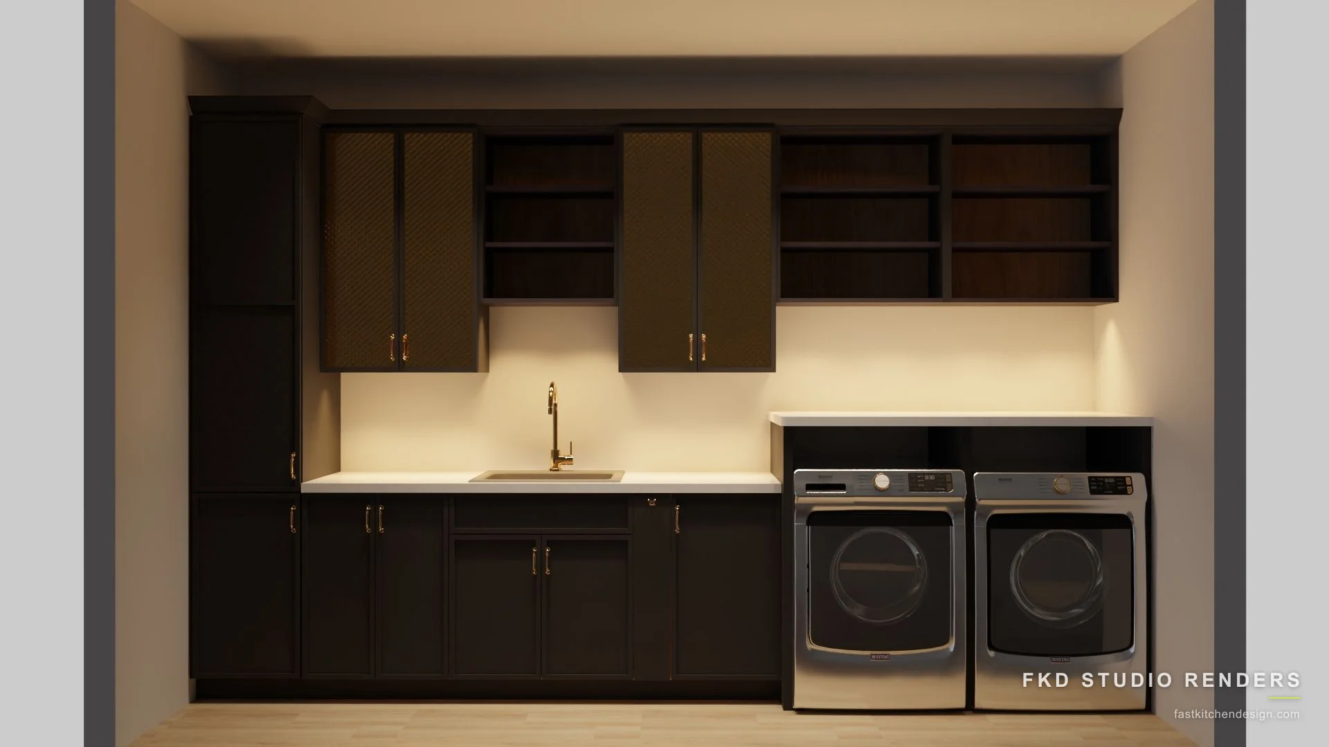 2020 Flex laundry room design with dark slab cabinets, brass mesh-glass uppers, and a quartz counter, designed in 2020 Flex by Fast Kitchen Design.