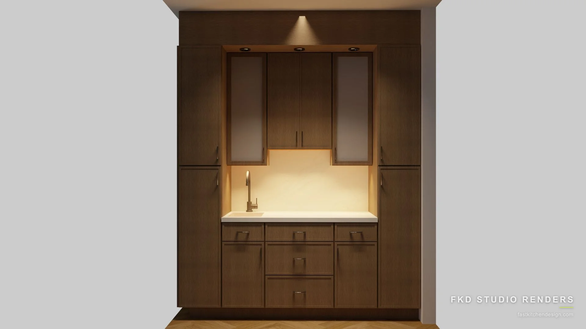 2020 Flex kitchen design with a dark walnut coffee station, frosted glass uppers, and a quartz bar sink, designed in 2020 Flex by Fast Kitchen Design.
