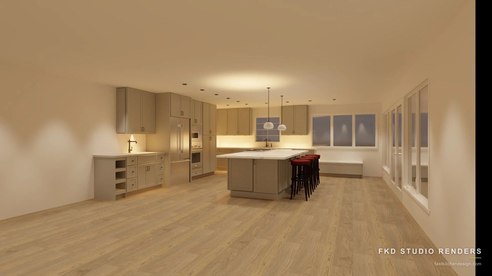 2020 Flex kitchen design with greige shaker cabinets, a marble waterfall island, and a window banquette, designed in 2020 Flex by Fast Kitchen Design.