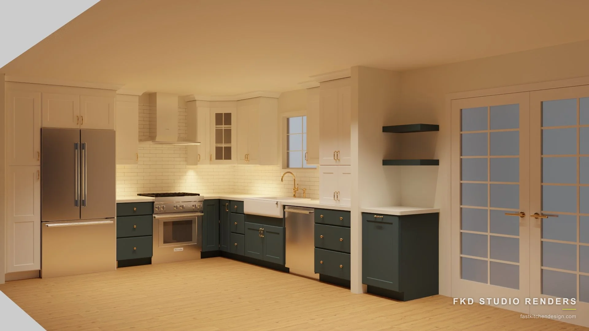 2020 Flex kitchen design with cream uppers, green shaker base cabinets, brass hardware, and a farmhouse sink, designed in 2020 Flex by Fast Kitchen Design.