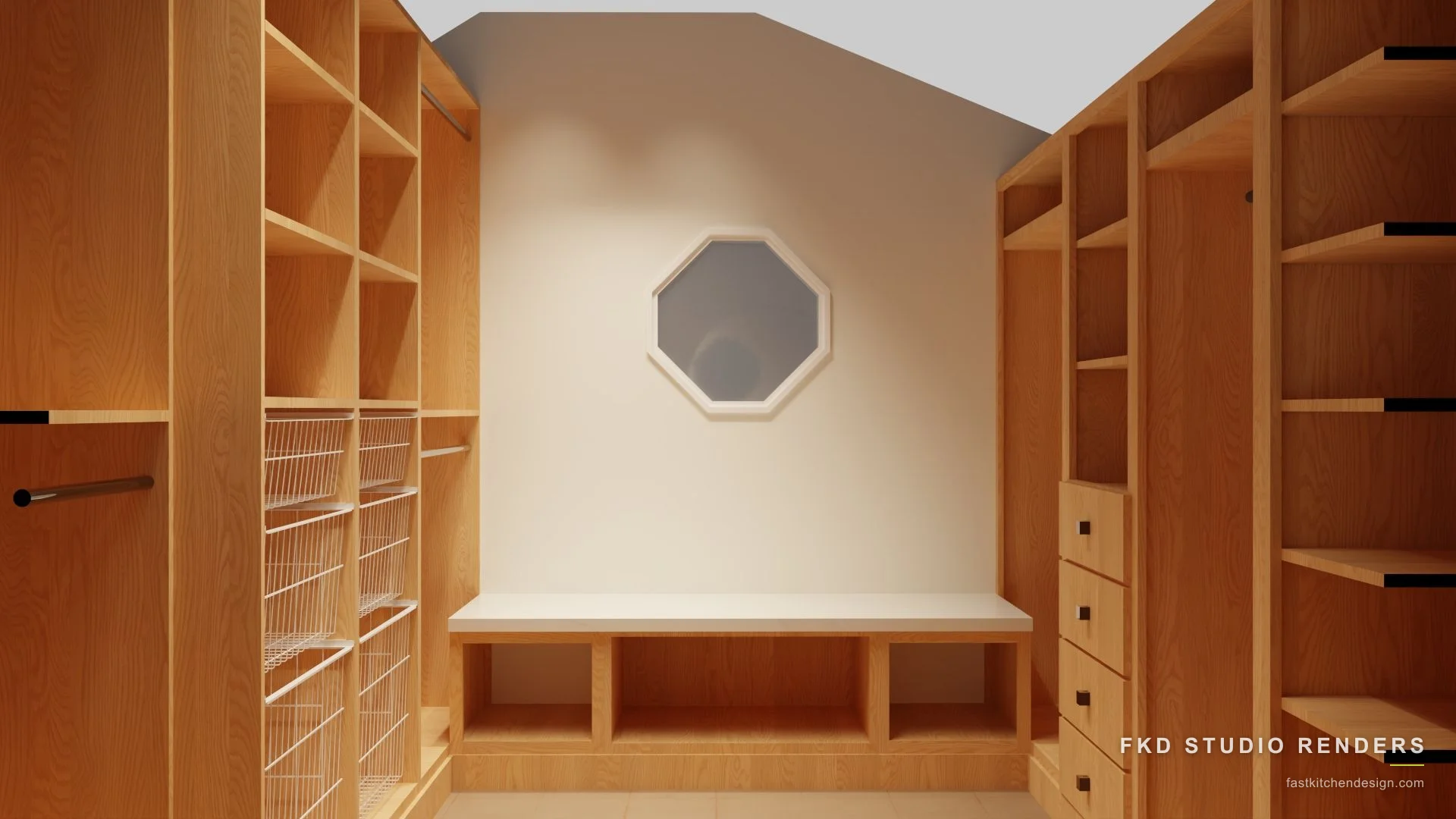 2020 Flex walk-in closet design with maple cabinetry, white wire pull-out baskets, a bench, and open shelving, designed in 2020 Flex by Fast Kitchen Design.