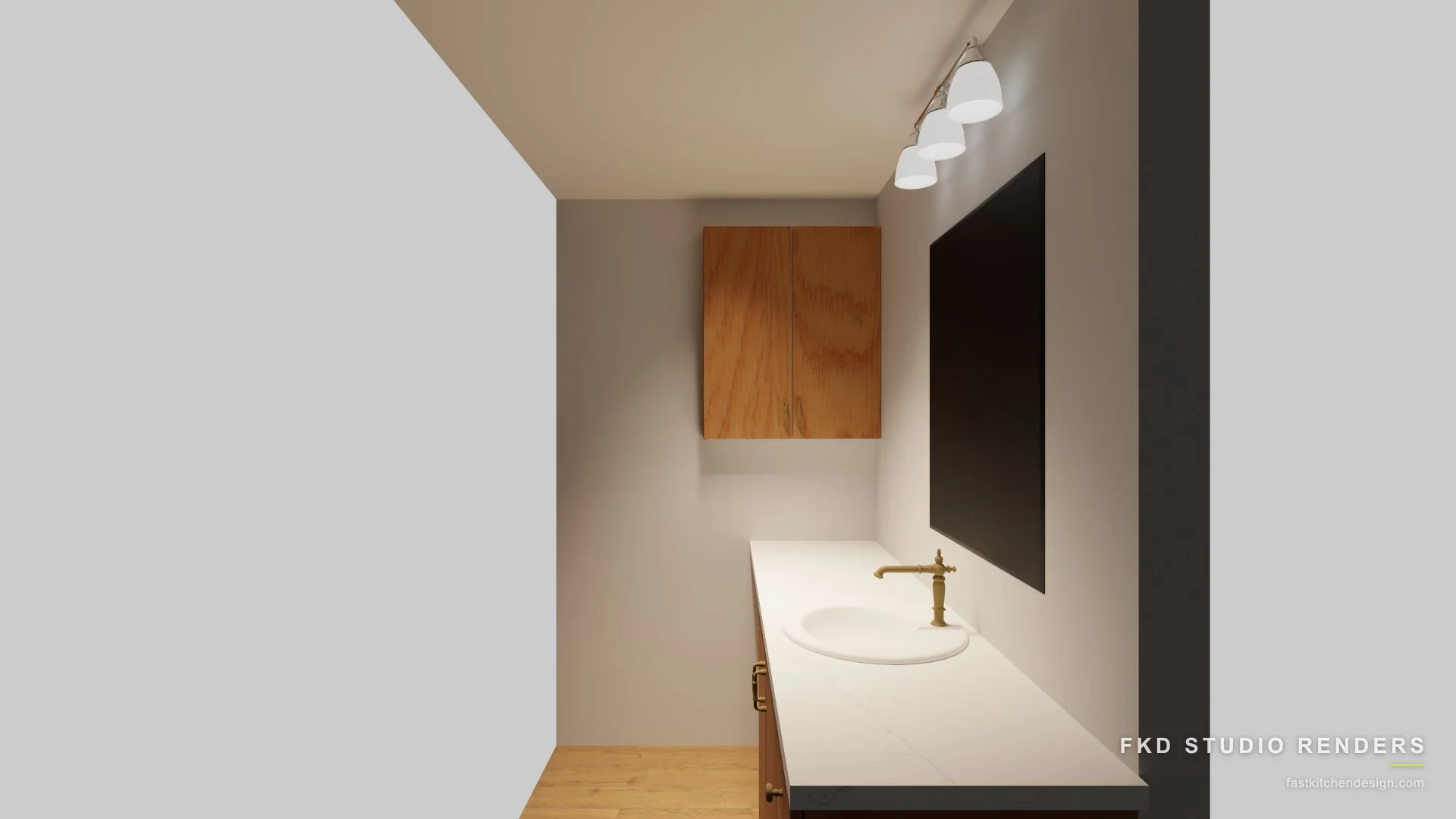 2020 Flex primary bath design with a warm oak floating vanity, white quartz counter, and brass faucet, designed in 2020 Flex by Fast Kitchen Design.