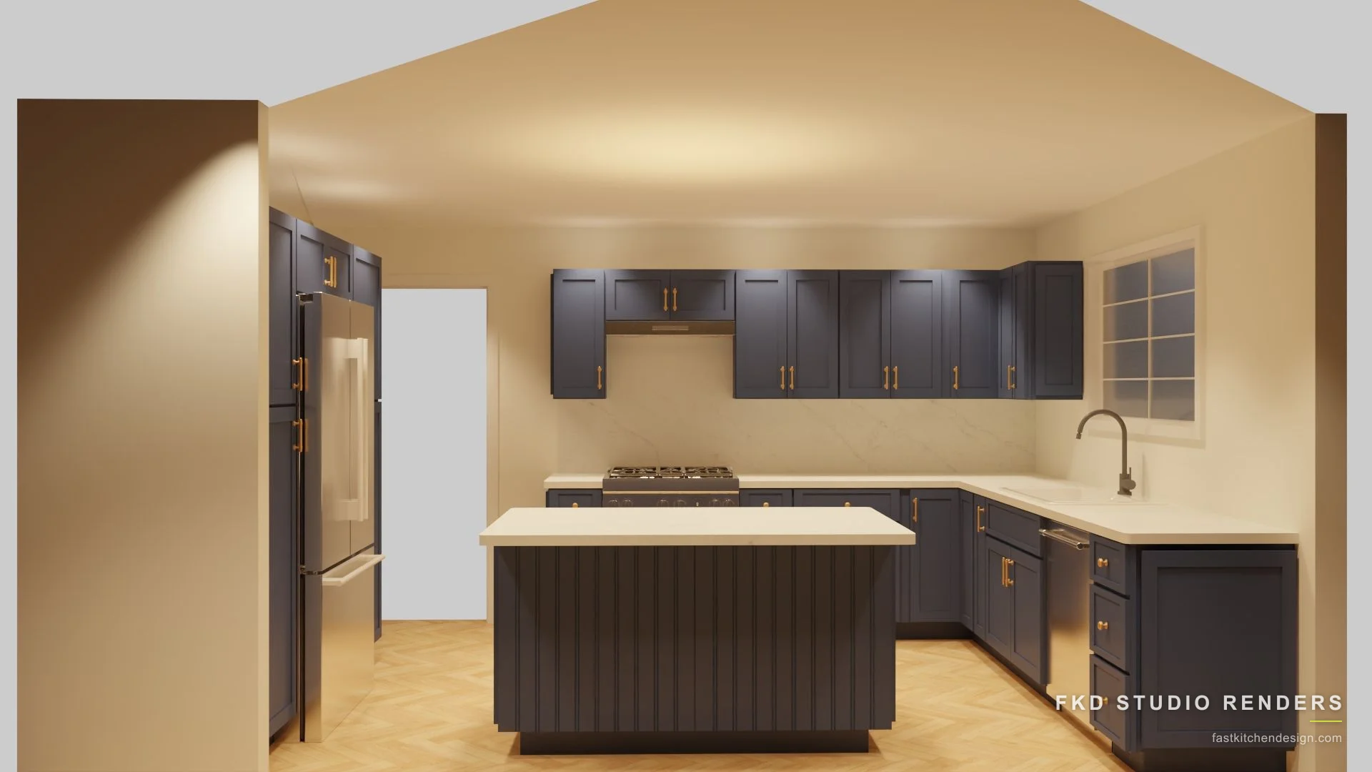 2020 Flex kitchen design with navy shaker cabinets, a fluted quartz-top island, and brass pulls, designed in 2020 Flex by Fast Kitchen Design.