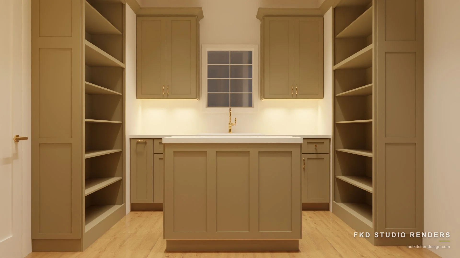 2020 Flex walk-in pantry design with sage shaker cabinets, a quartz-topped island, brass hardware, and an apron sink, designed in 2020 Flex by Fast Kitchen Design.