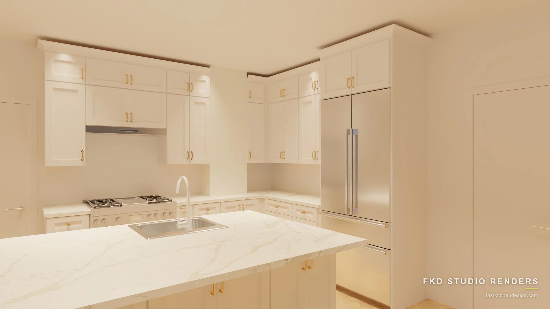2020 Flex kitchen design with cream shaker cabinets, a white marble waterfall island, and brass hardware, designed in 2020 Flex by Fast Kitchen Design.