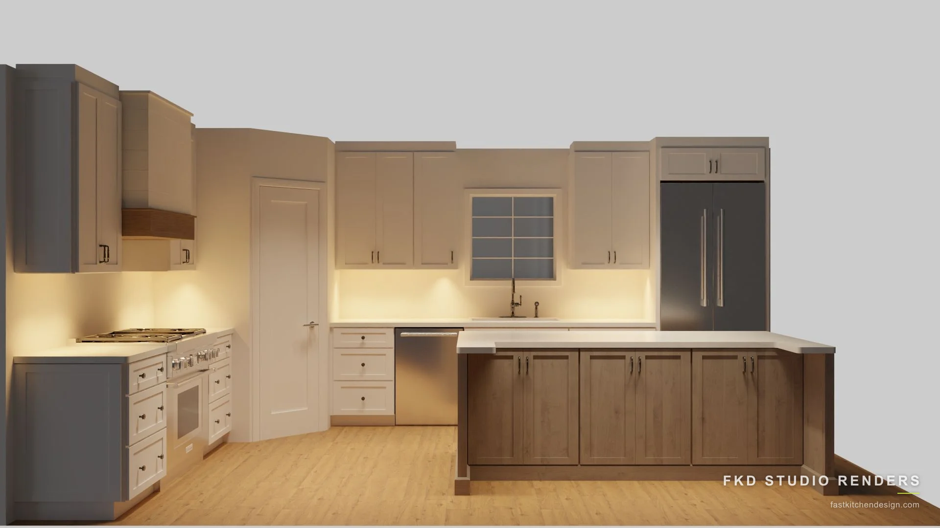 2020 Flex kitchen design with cream shaker cabinets, a walnut shaker peninsula, and quartz tops, designed in 2020 Flex by Fast Kitchen Design.