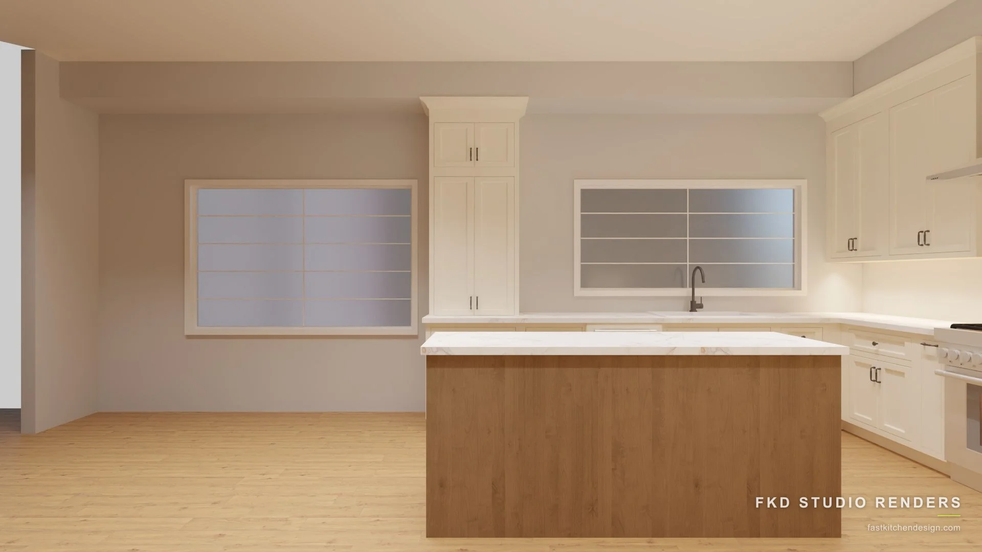 2020 Flex kitchen design with cream shaker cabinets and a warm wood island topped in marble, designed in 2020 Flex by Fast Kitchen Design.