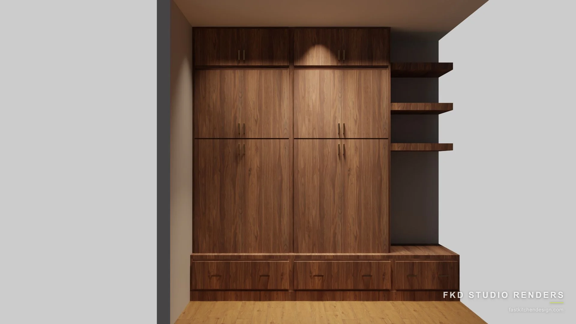 2020 Flex mudroom design with floor-to-ceiling walnut storage, a drawer bench, and floating shelves, designed in 2020 Flex by Fast Kitchen Design.