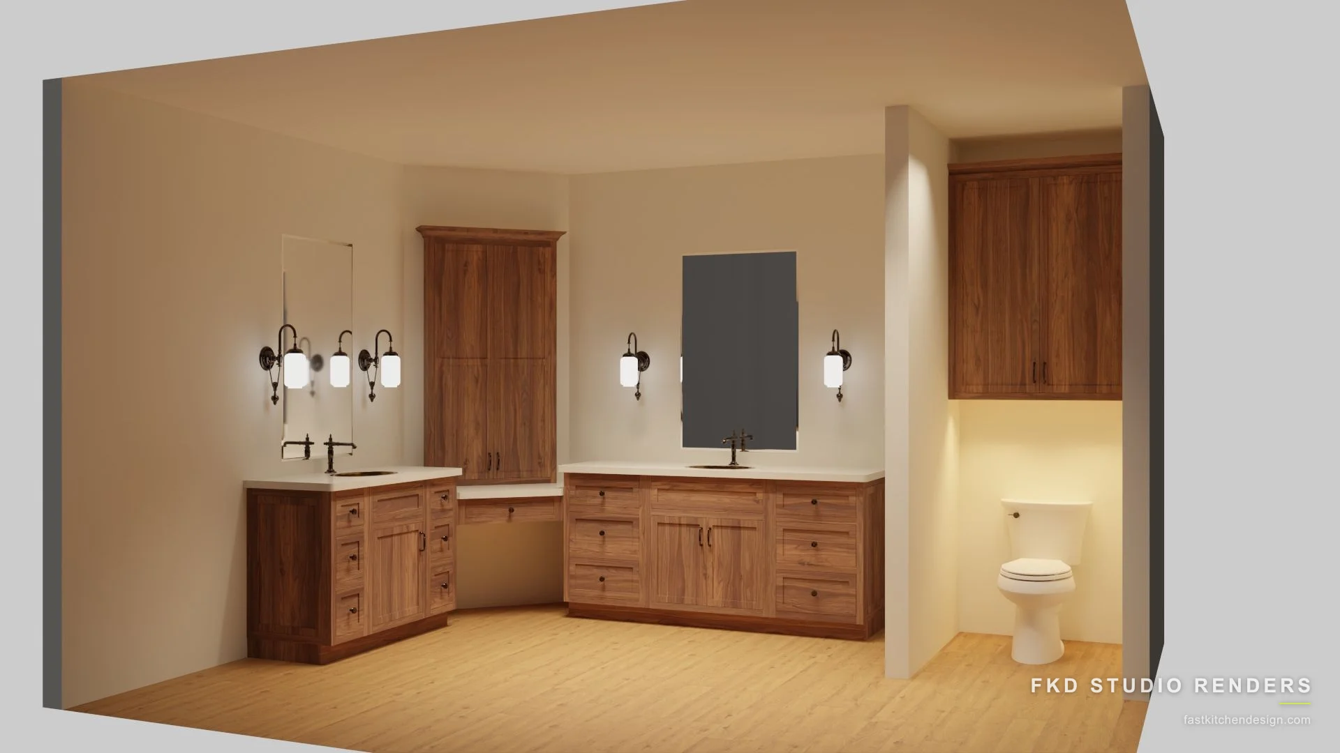 2020 Flex bath design with L-shaped walnut shaker double vanities, white quartz tops, and bronze sconces, designed in 2020 Flex by Fast Kitchen Design.