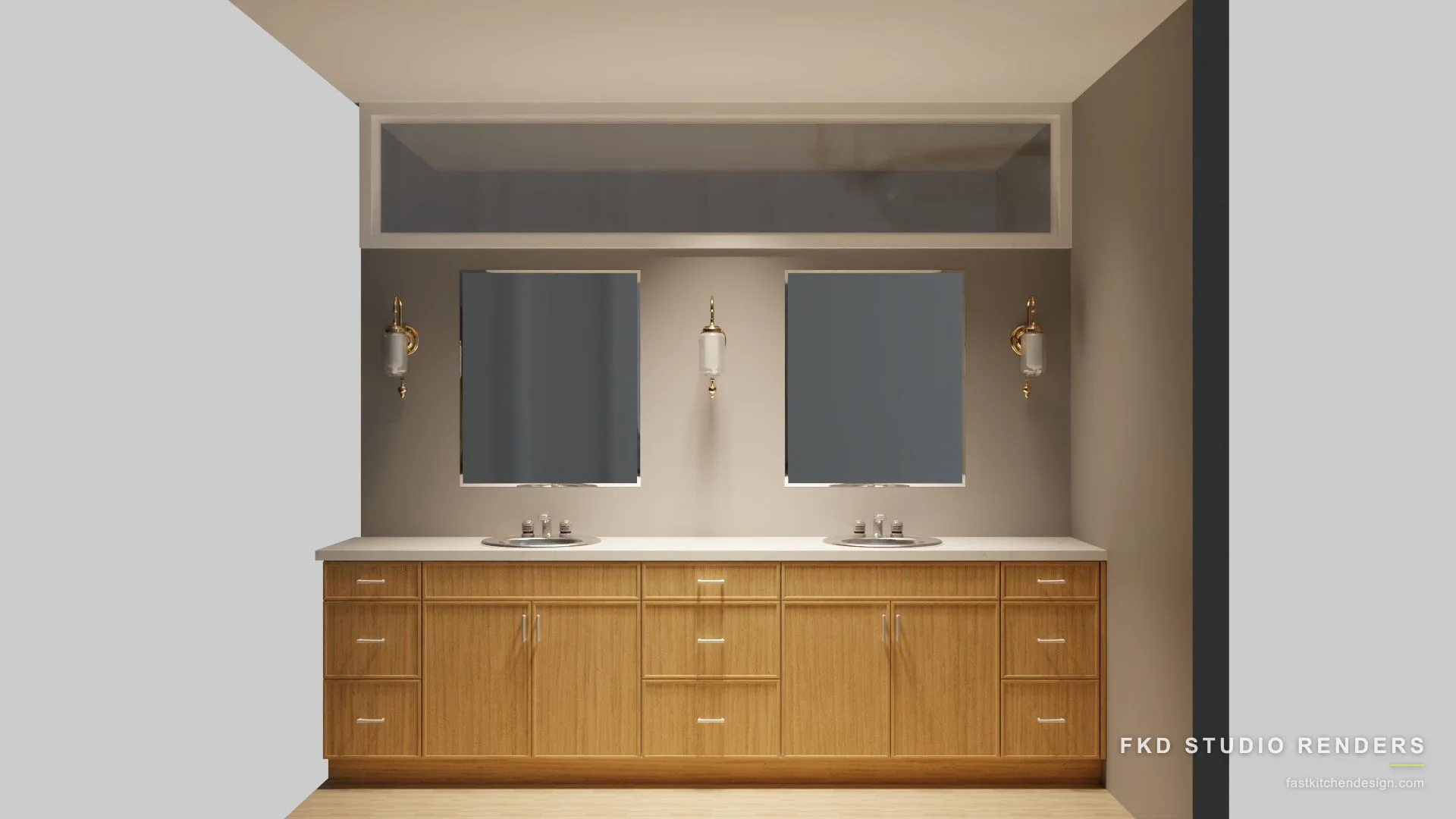 2020 Flex bath design with walnut shaker double vanity, white quartz counter, twin oval sinks, and brass sconces, designed in 2020 Flex by Fast Kitchen Design.