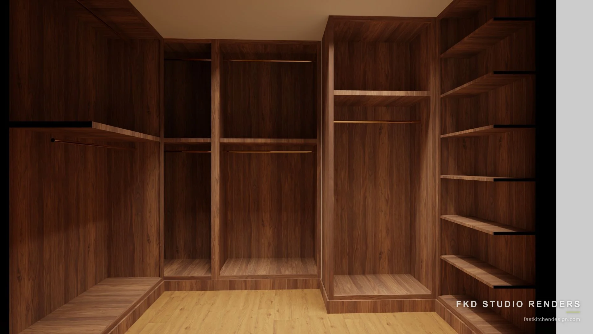 2020 Flex walk-in closet design with floor-to-ceiling walnut wardrobes, open hanging rods, and oak floor, designed in 2020 Flex by Fast Kitchen Design.