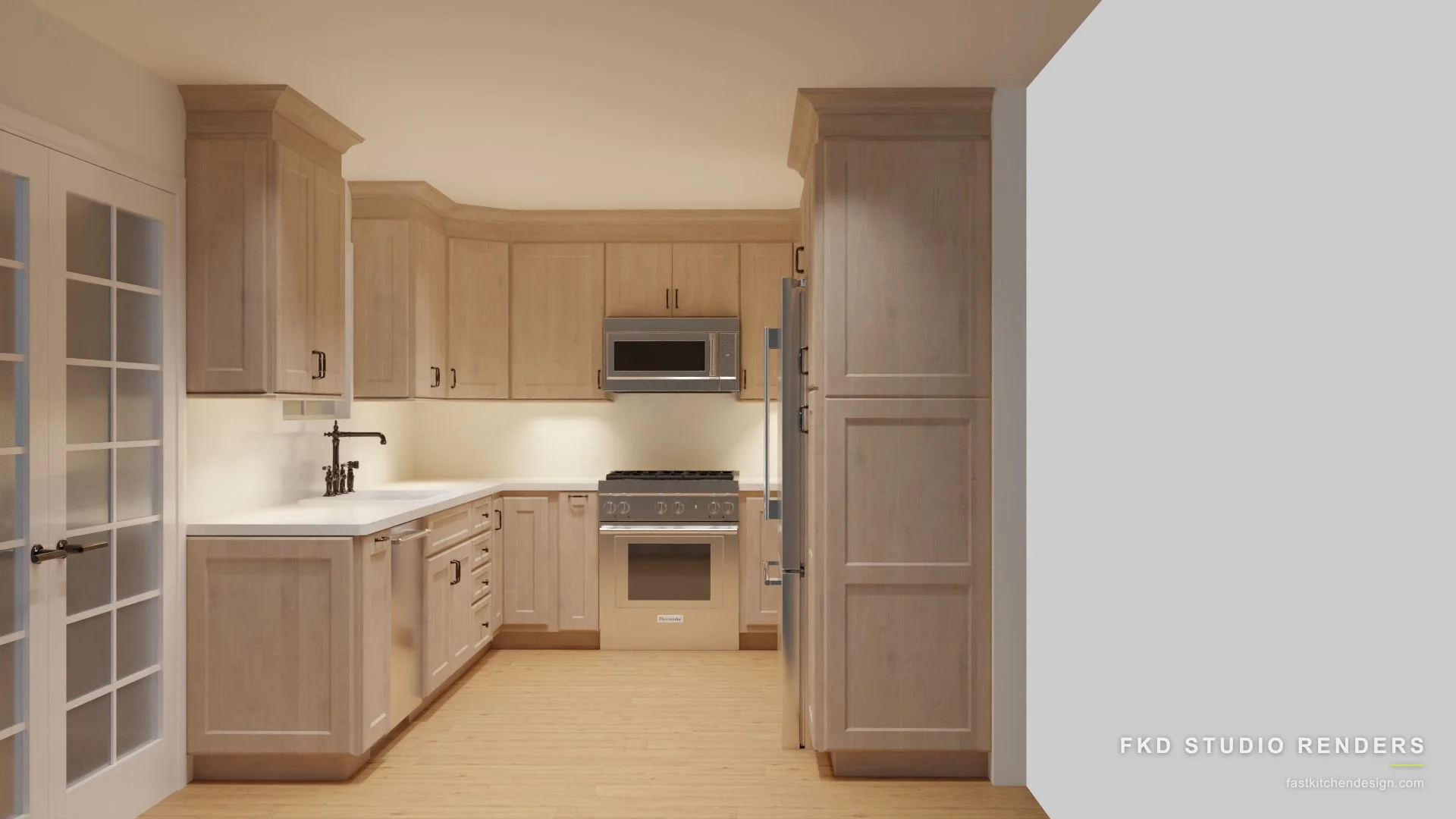 2020 Flex kitchen design with warm light-wood shaker cabinets, white quartz counters, and an apron sink, designed in 2020 Flex by Fast Kitchen Design.