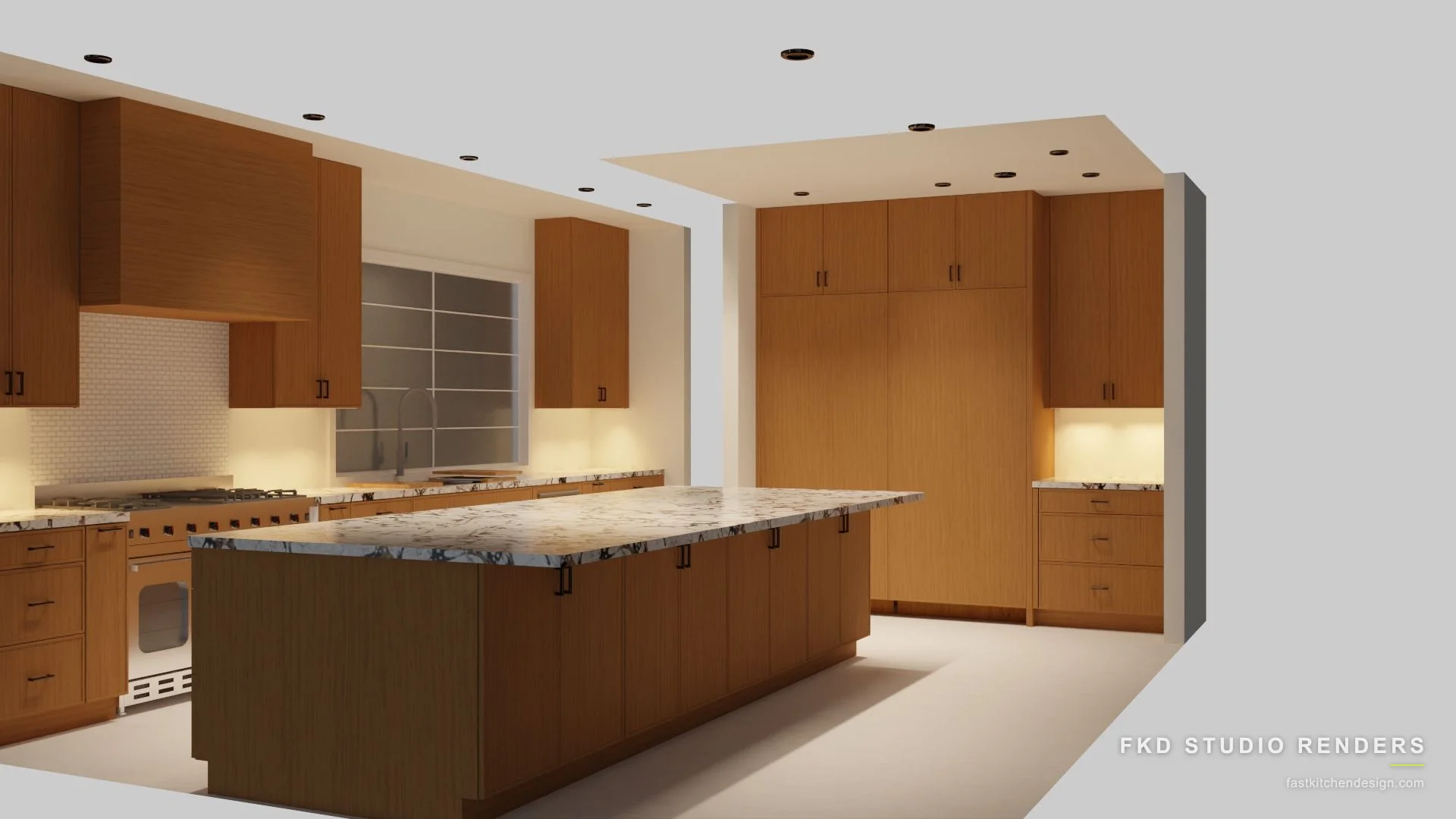 2020 Flex kitchen design with warm wood slab-front cabinets, a veined marble island, and a pro range, designed in 2020 Flex by Fast Kitchen Design.