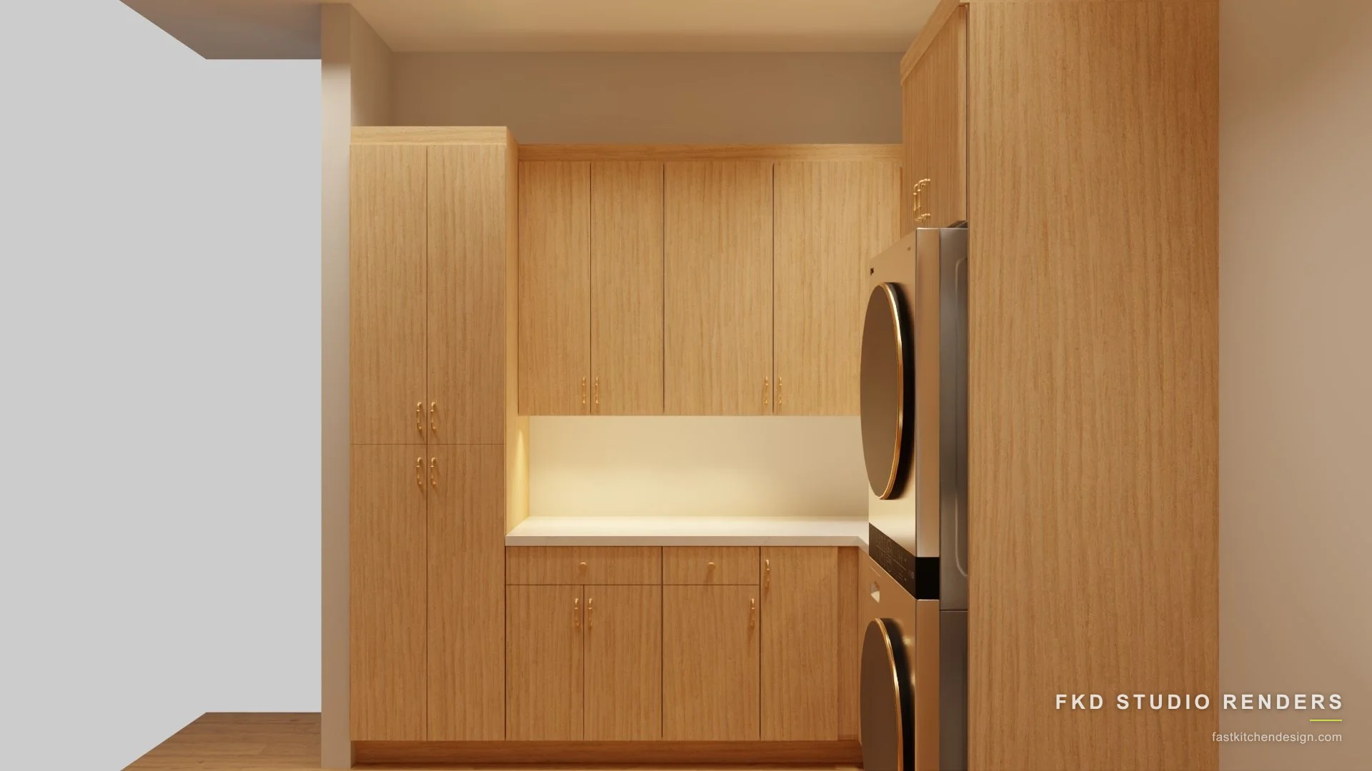 2020 Flex laundry room design with warm wood slab cabinets, white quartz counter, and a stacked washer-dryer, designed in 2020 Flex by Fast Kitchen Design.