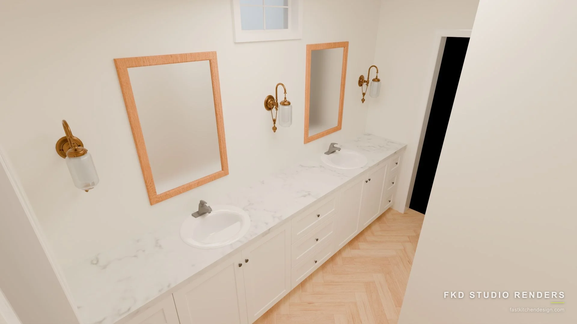 2020 Flex bath design with white shaker double vanity, marble countertop, brass sconces, and herringbone floor, designed in 2020 Flex by Fast Kitchen Design.