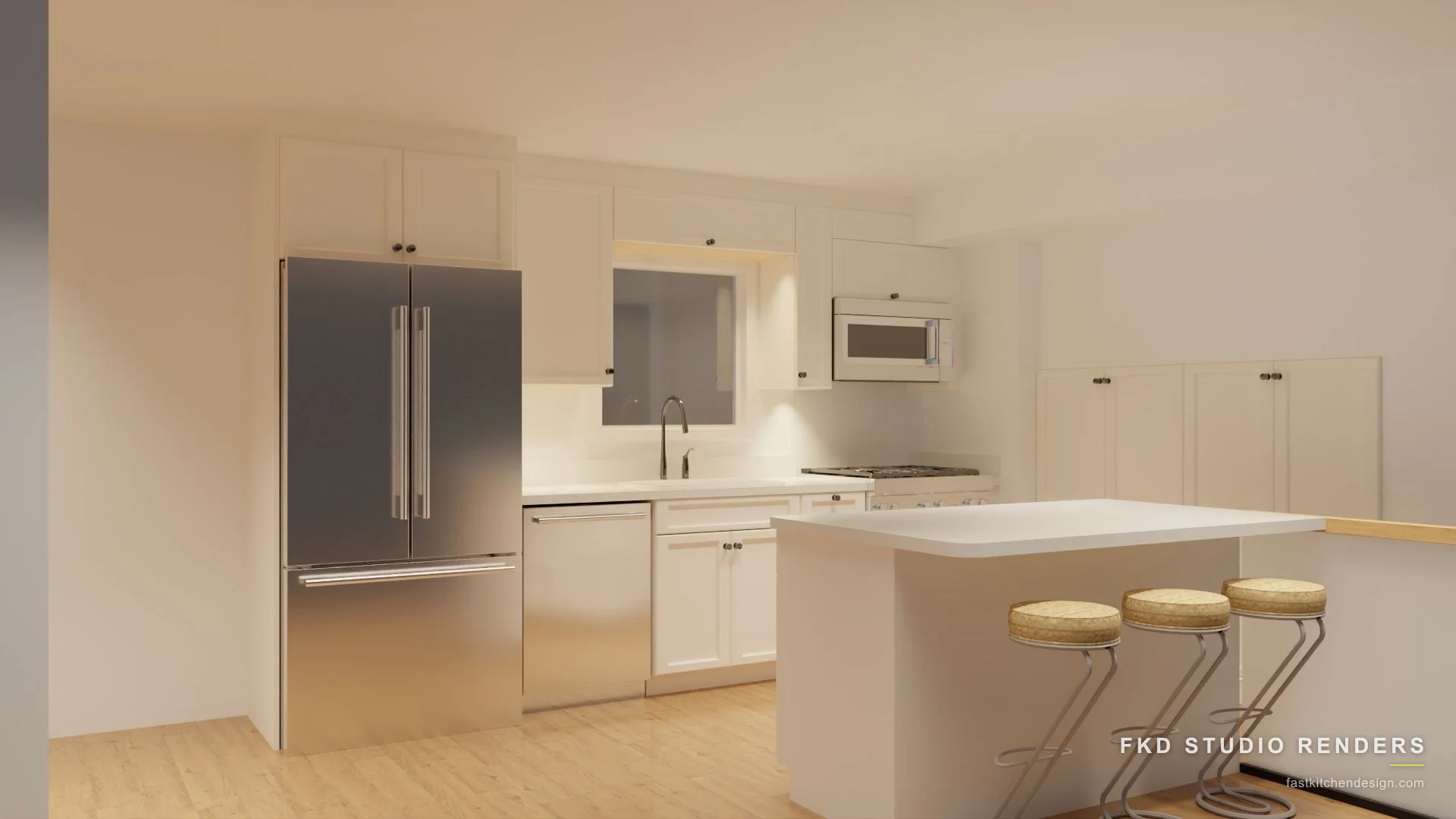 2020 Flex kitchen design with white shaker cabinets, a quartz peninsula, woven barstools, and stainless steel appliances, designed in 2020 Flex by Fast Kitchen Design.