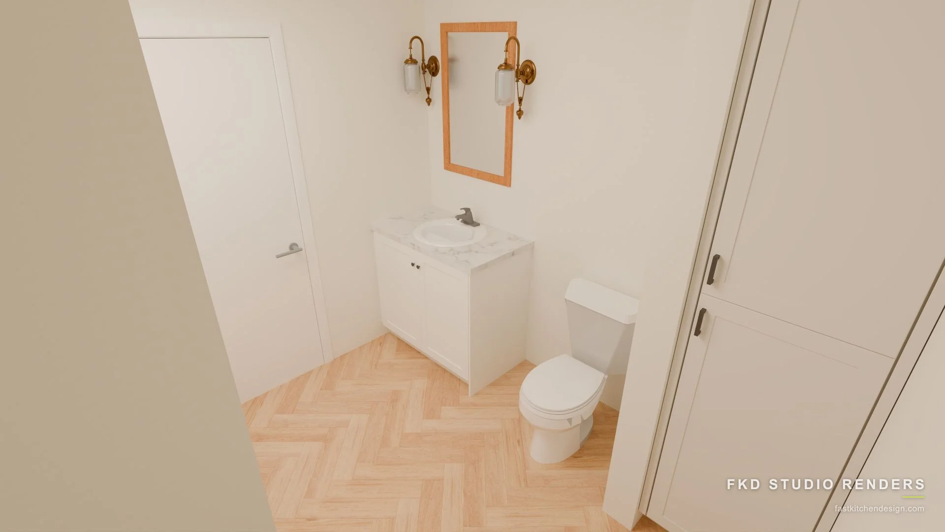 2020 Flex powder bath design with a white shaker marble-top vanity, brass sconces, and herringbone wood floor, designed in 2020 Flex by Fast Kitchen Design.