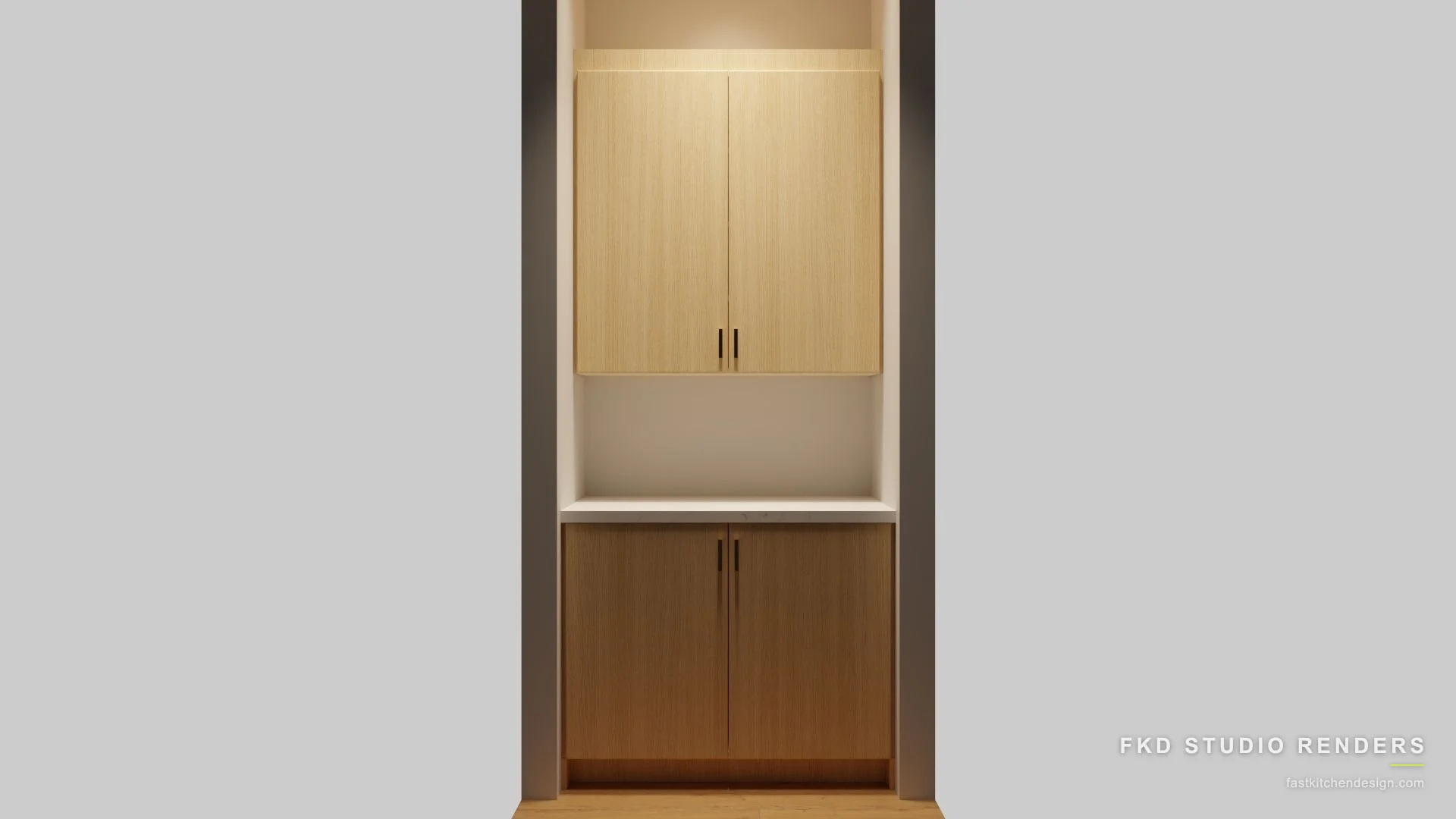 2020 Flex media niche design with light-oak upper cabinets, a medium-oak base, black bar pulls, and a white stone shelf, designed in 2020 Flex by Fast Kitchen Design.