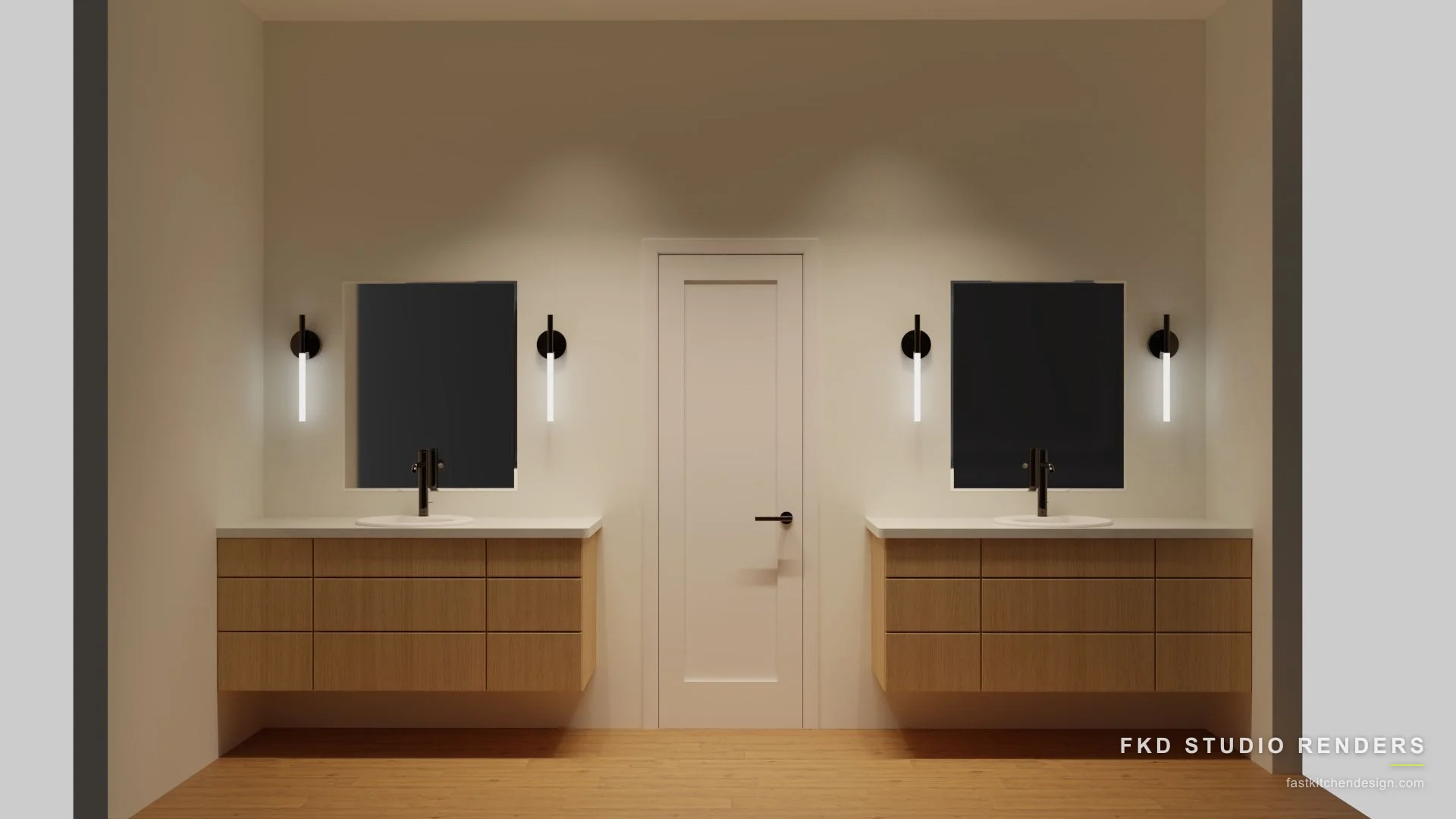 2020 Flex master bath design with twin floating oak slab vanities and quartz tops, designed in 2020 Flex by Fast Kitchen Design.