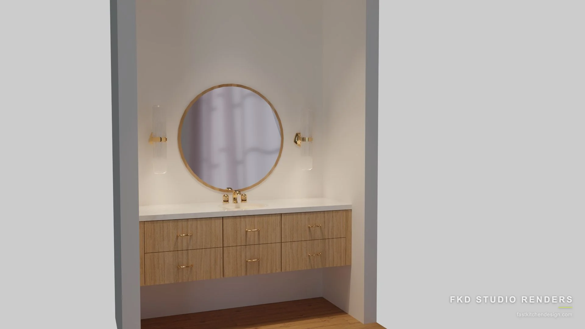 2020 Flex powder bath design with a floating light oak vanity, white quartz top, and brass fixtures, designed in 2020 Flex by Fast Kitchen Design.