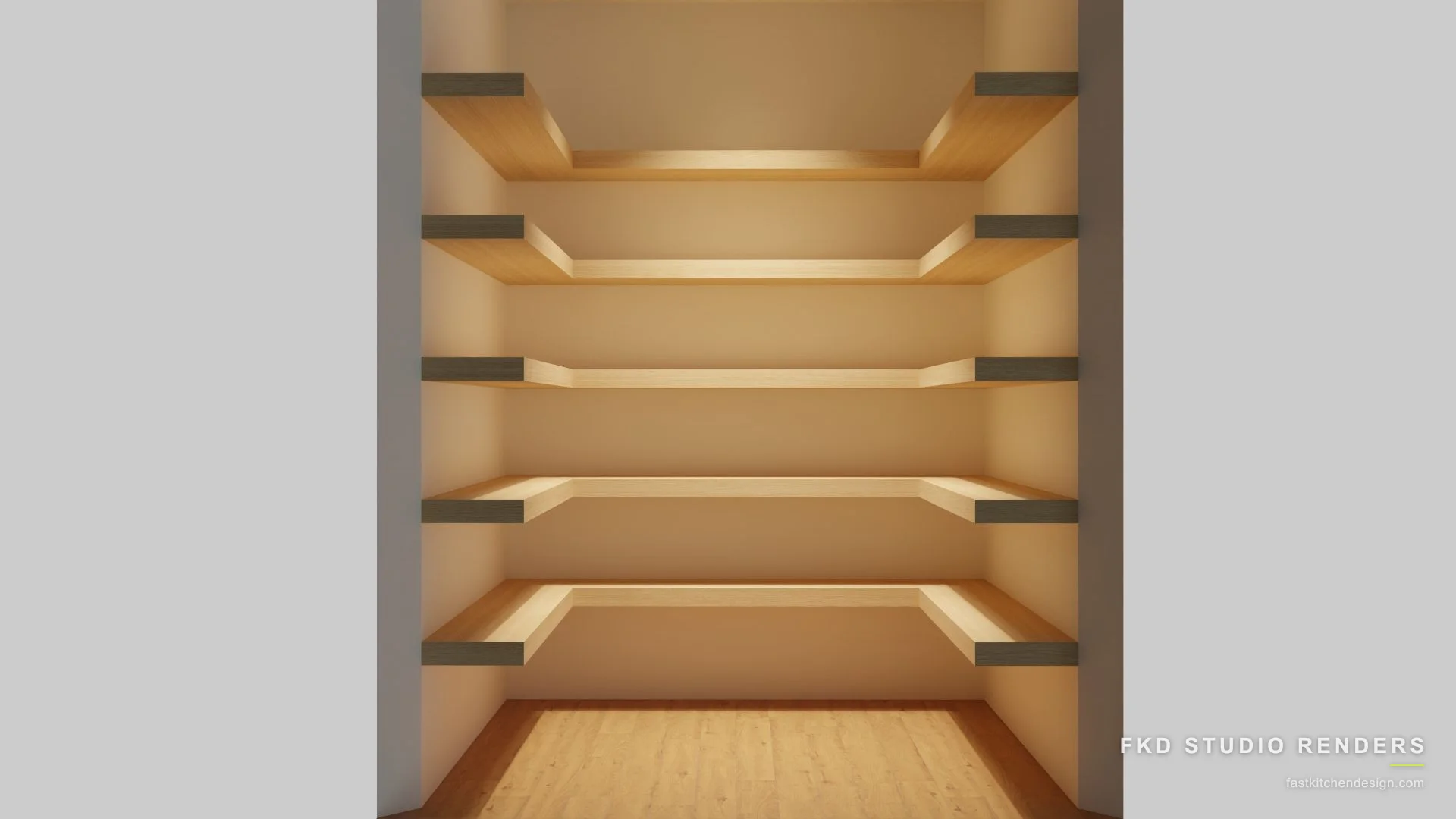 2020 Flex pantry design with five tiers of warm wood floating open shelves and dark wood end supports, designed in 2020 Flex by Fast Kitchen Design.