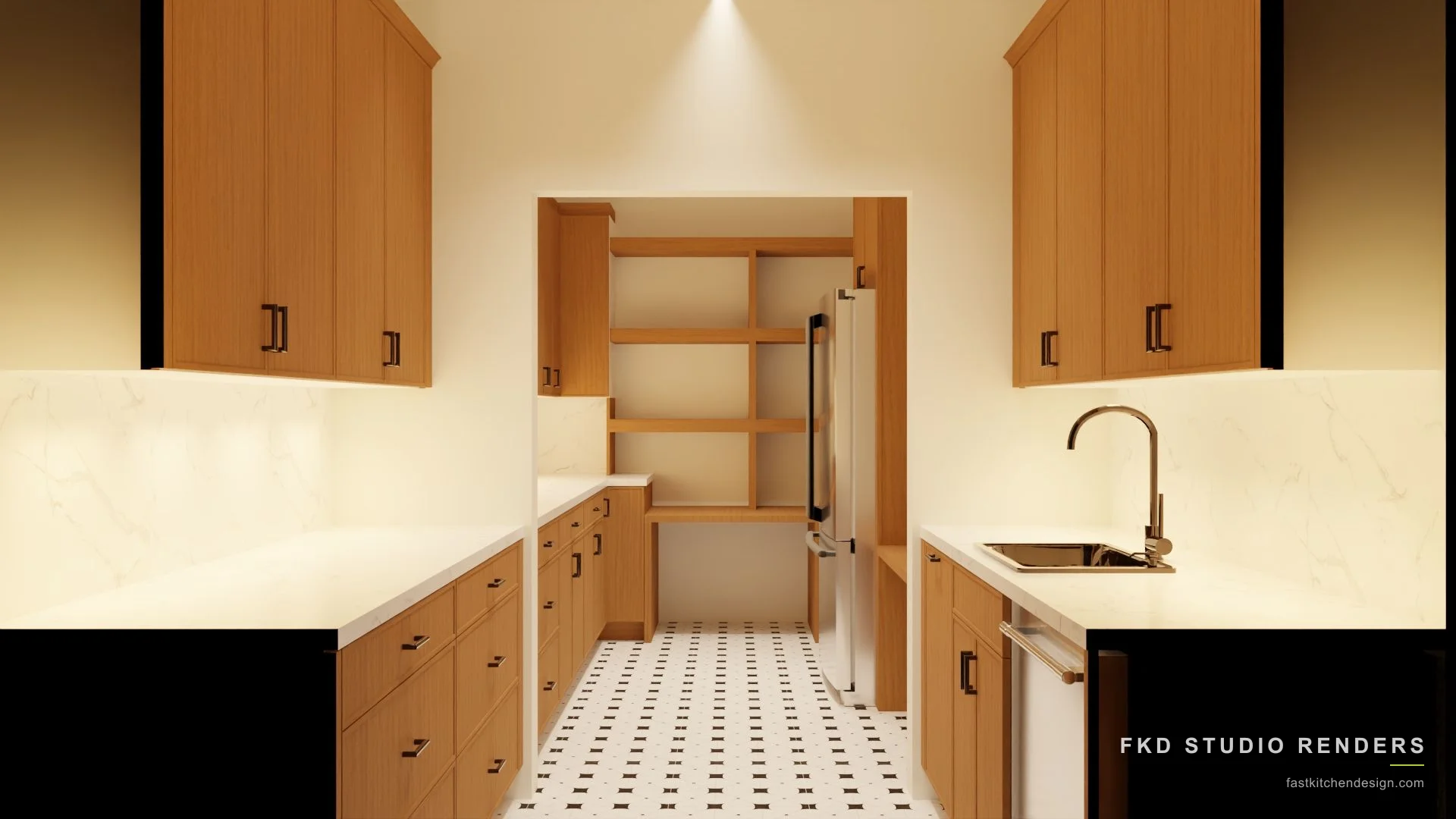 2020 Flex butler pantry design with warm oak slab cabinets, white marble counters, and open shelving, designed in 2020 Flex by Fast Kitchen Design.